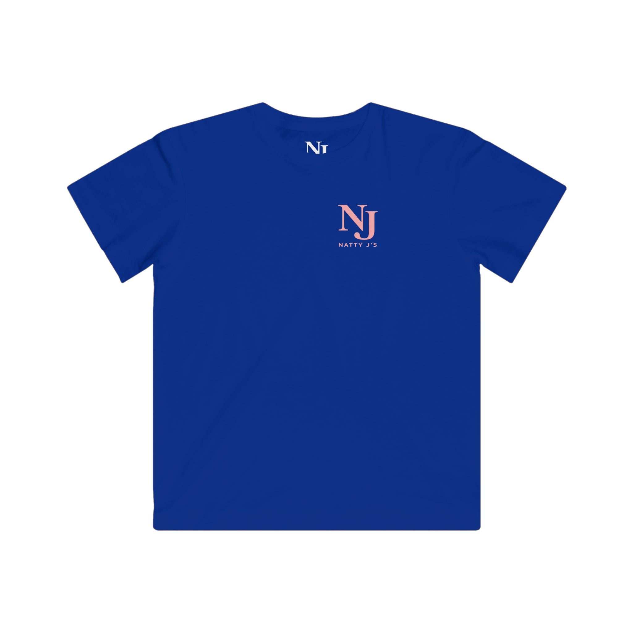 Blue t-shirt with NJ logo on a white background