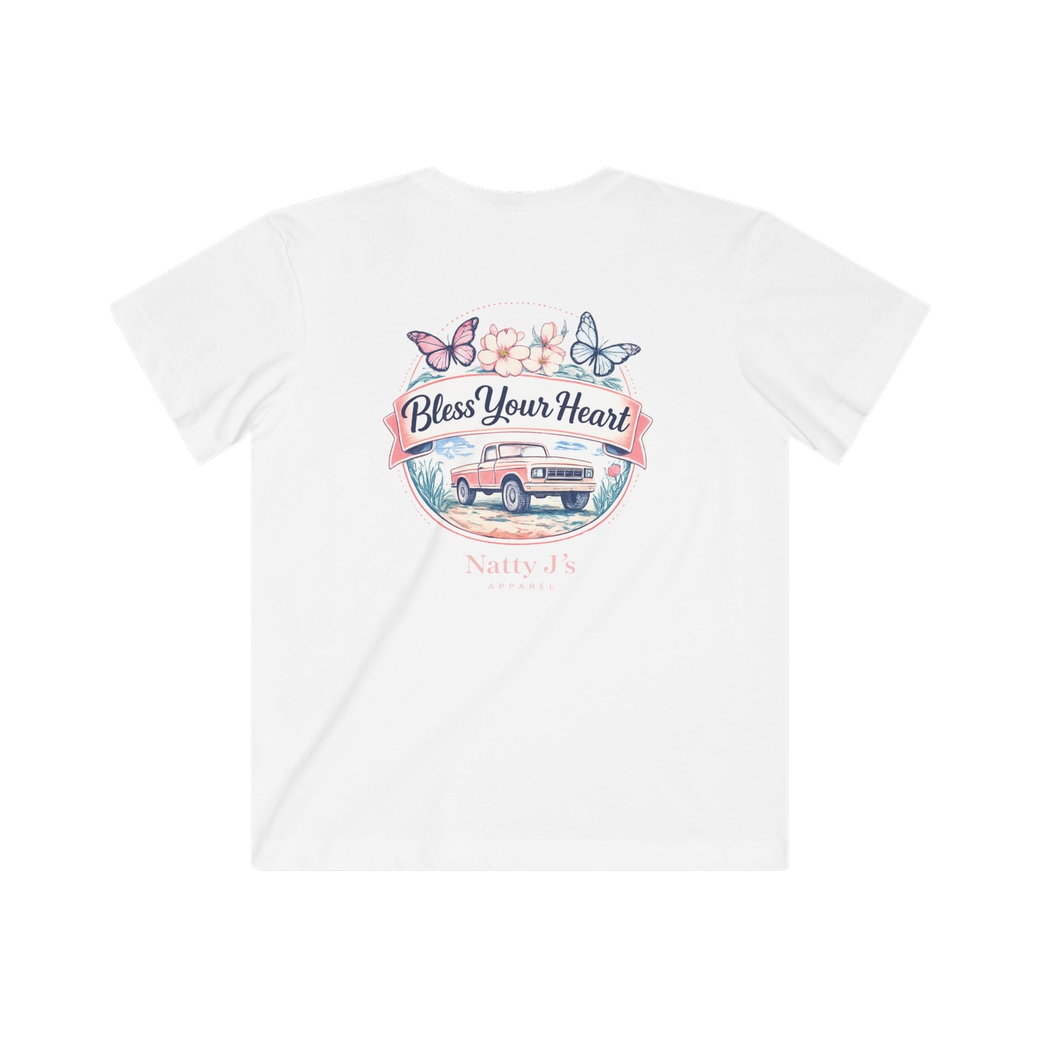 White t-shirt with 'Bless Your Heart' graphic design featuring a truck and butterflies on a white background.