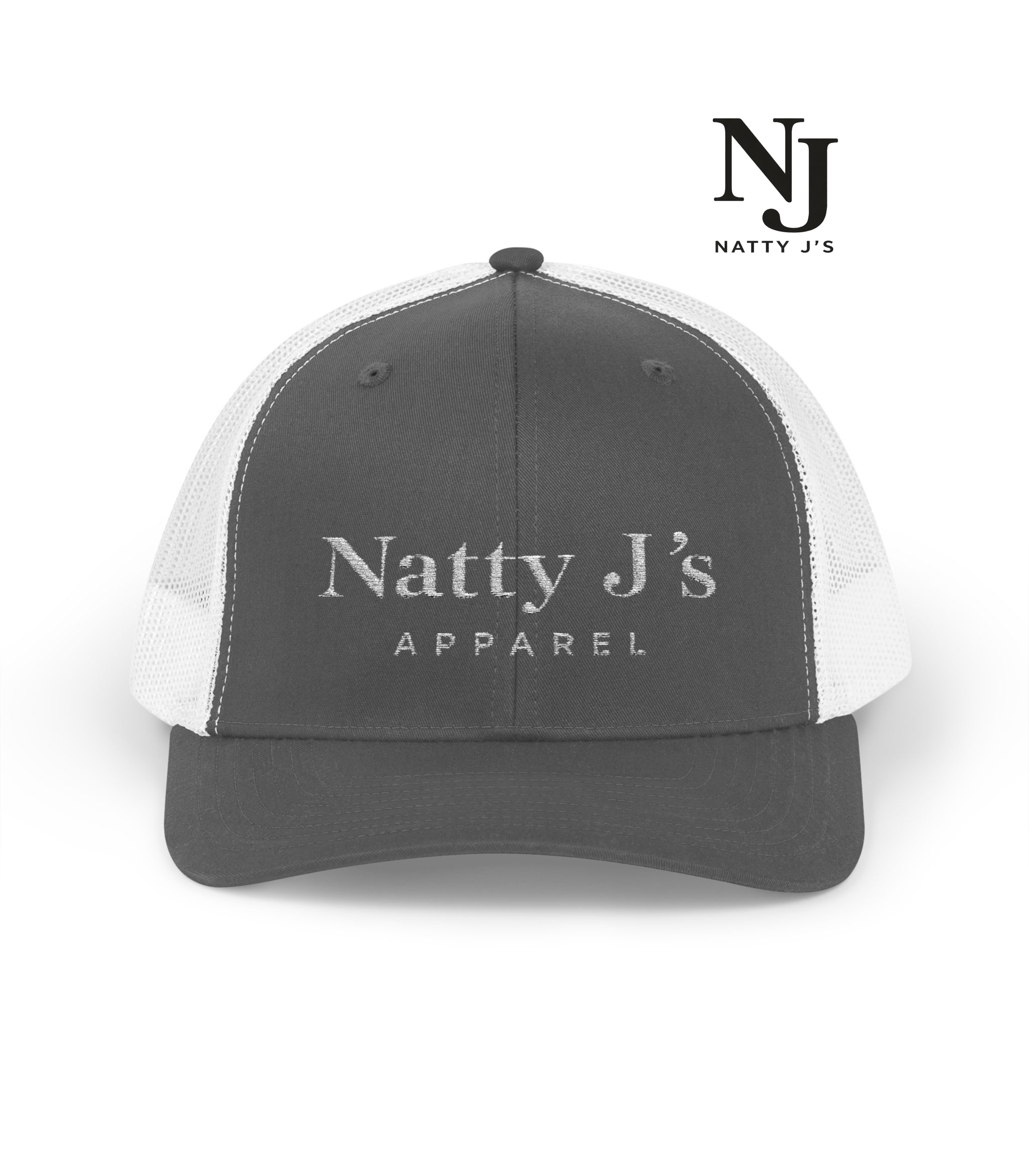 Gray and white cap with 'Natty J's Apparel' text on a white background, featuring Natty J's logo.