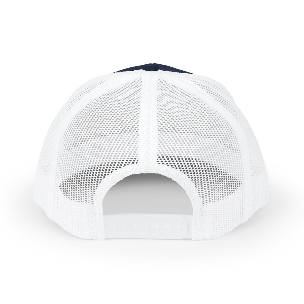 White mesh cap with a black brim on a white background