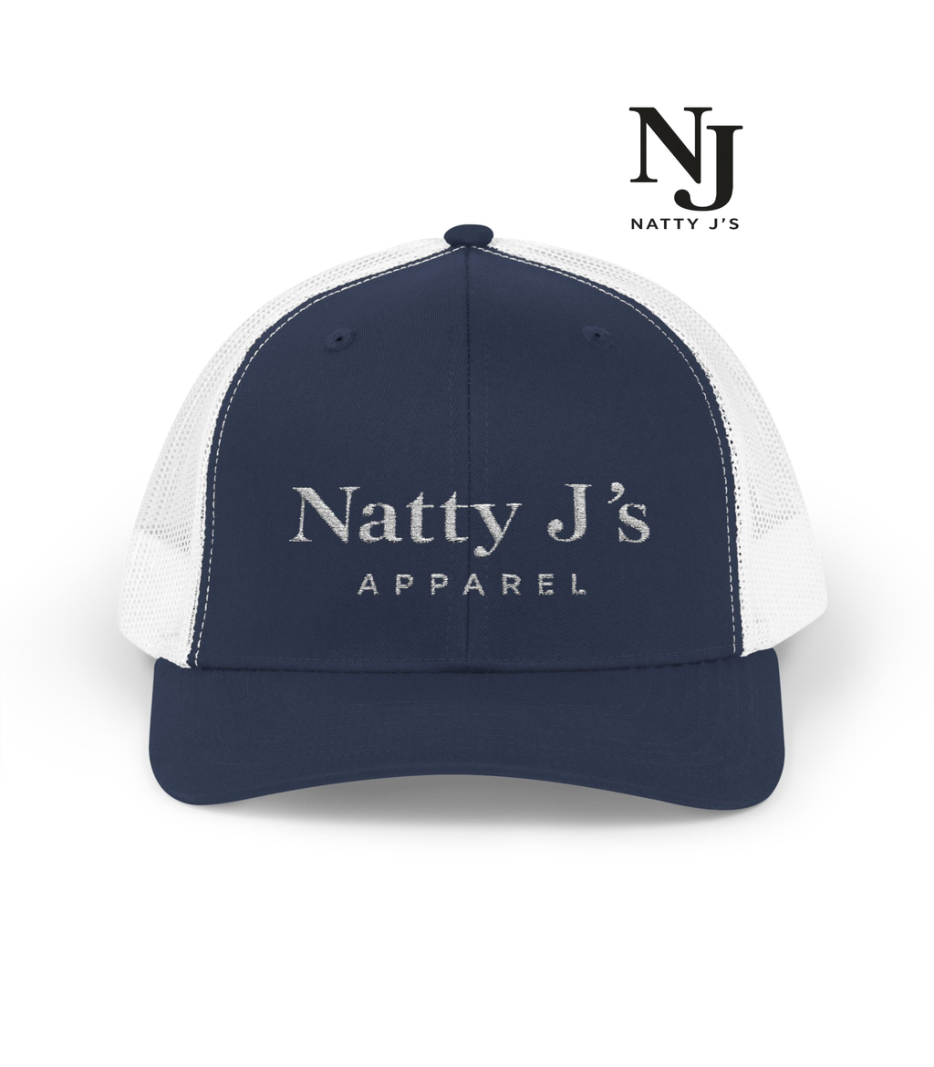 Navy and white cap with 'Natty J's Apparel' text on a white background