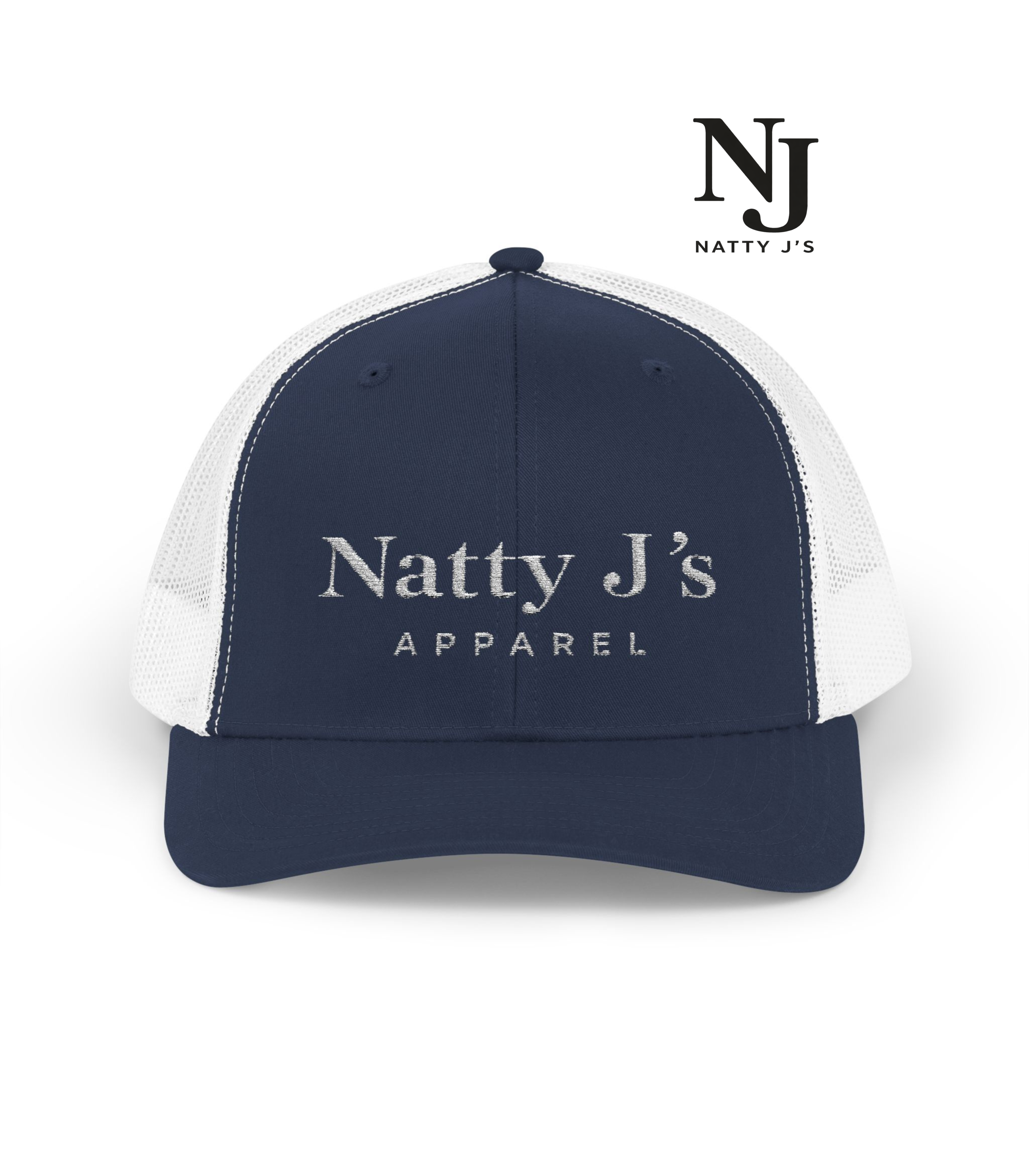 Navy and white cap with 'Natty J's Apparel' text on a white background