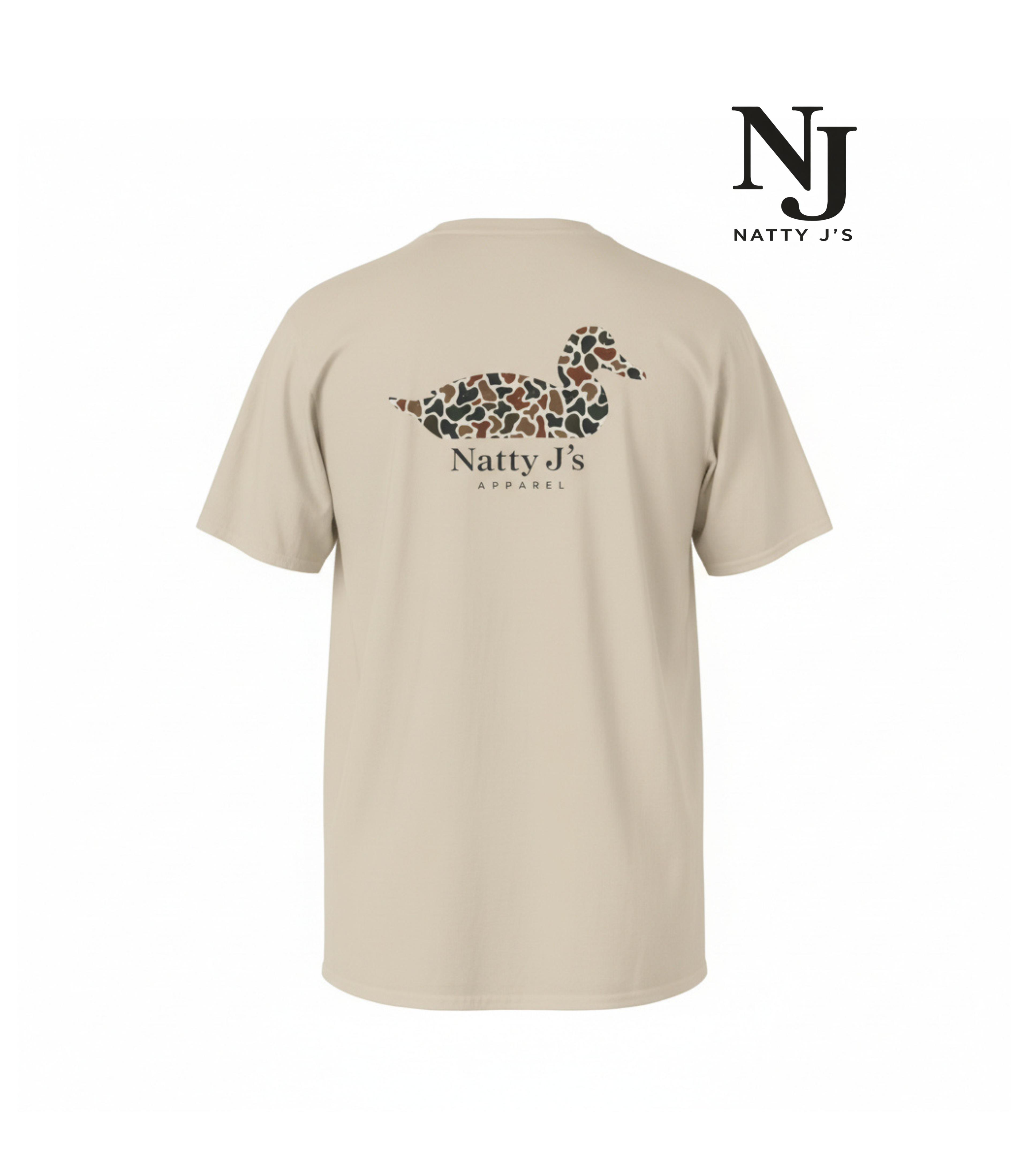 Beige t-shirt with a duck graphic and 'Natty J's' logo on a white background