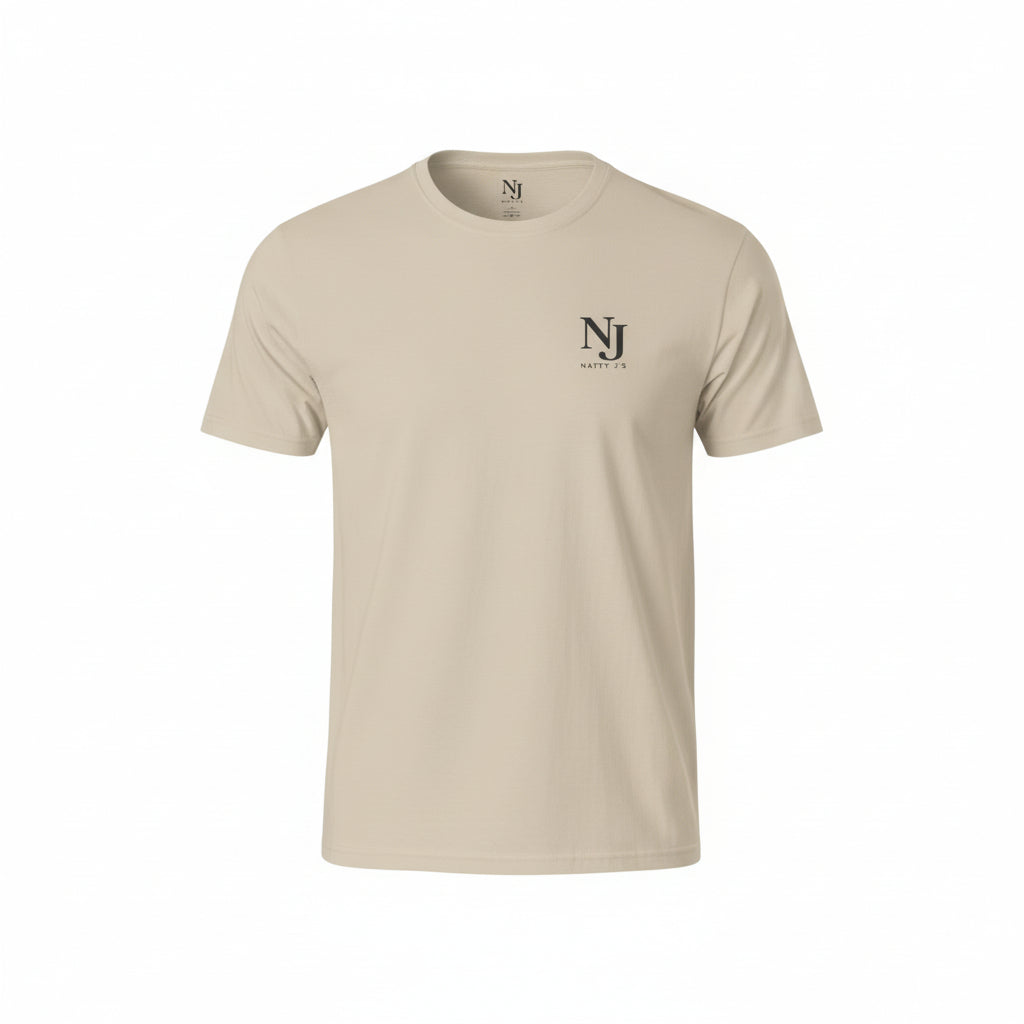 Beige t-shirt with a logo on the chest against a white background