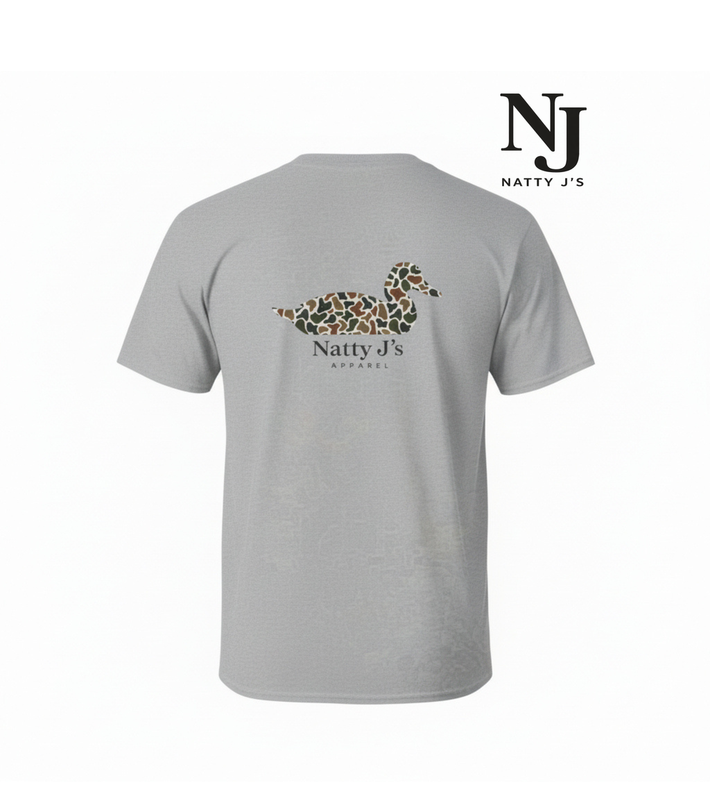Gray t-shirt with a logo and text on a white background
