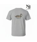 Gray t-shirt with a logo and text on a white background