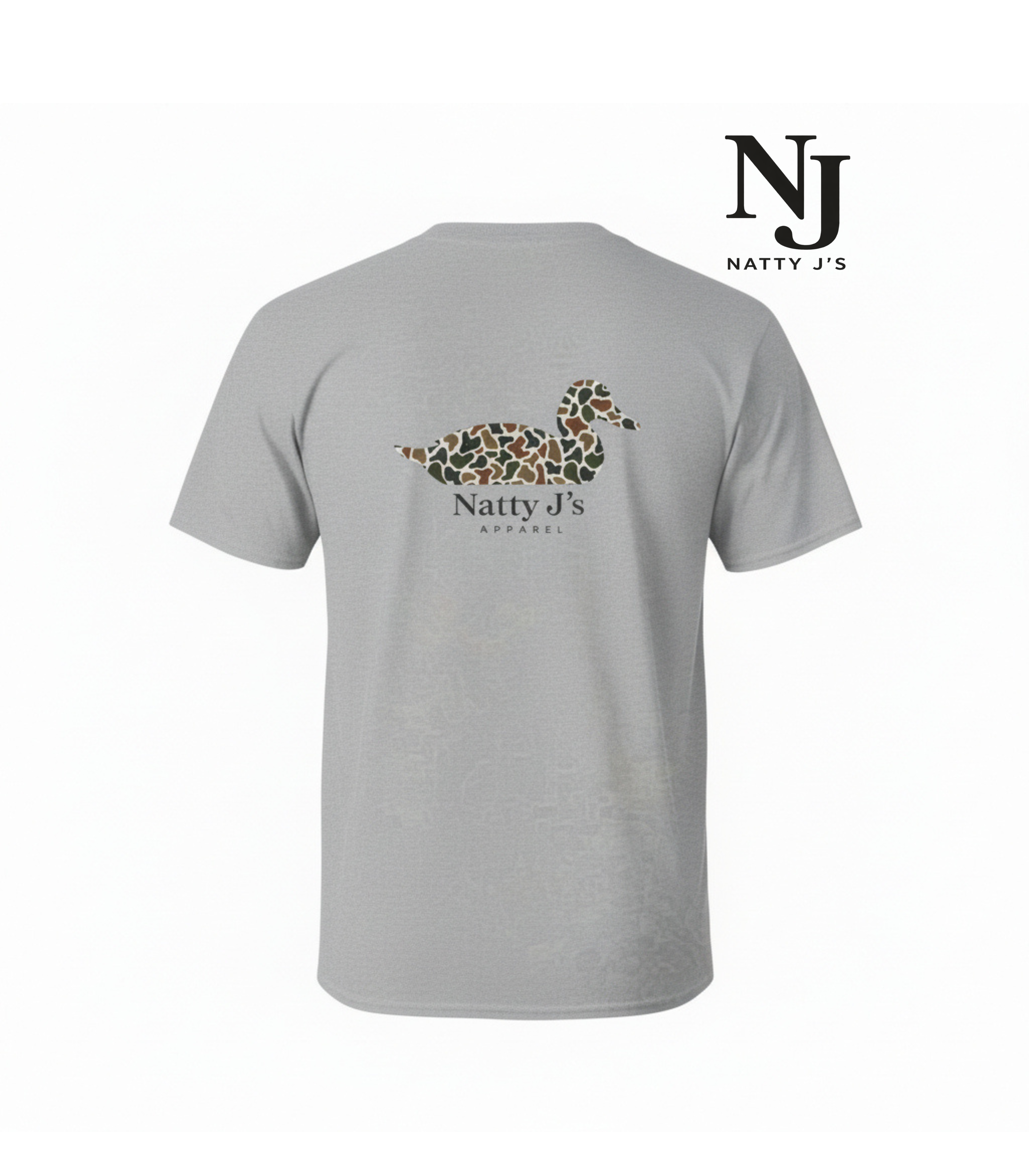 Gray t-shirt with a logo and text on a white background