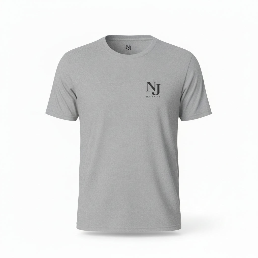 Gray t-shirt with a logo on a white background