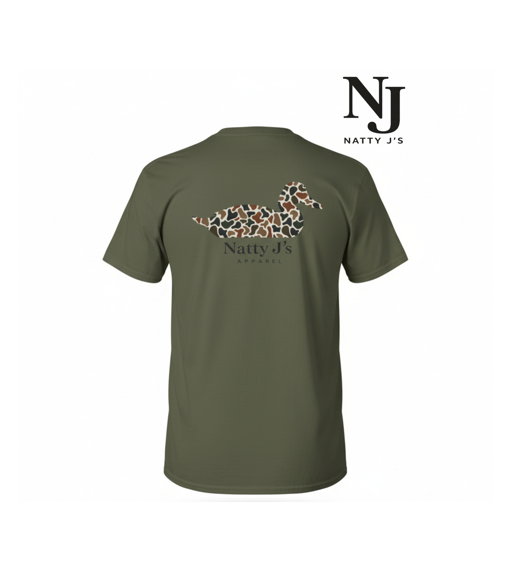 Green t-shirt with a patterned alligator design and 'Natty J's' branding on the back, displayed against a white background.