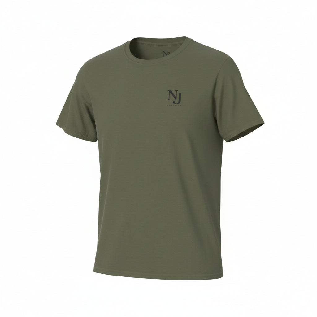 Green t-shirt with a logo on a white background