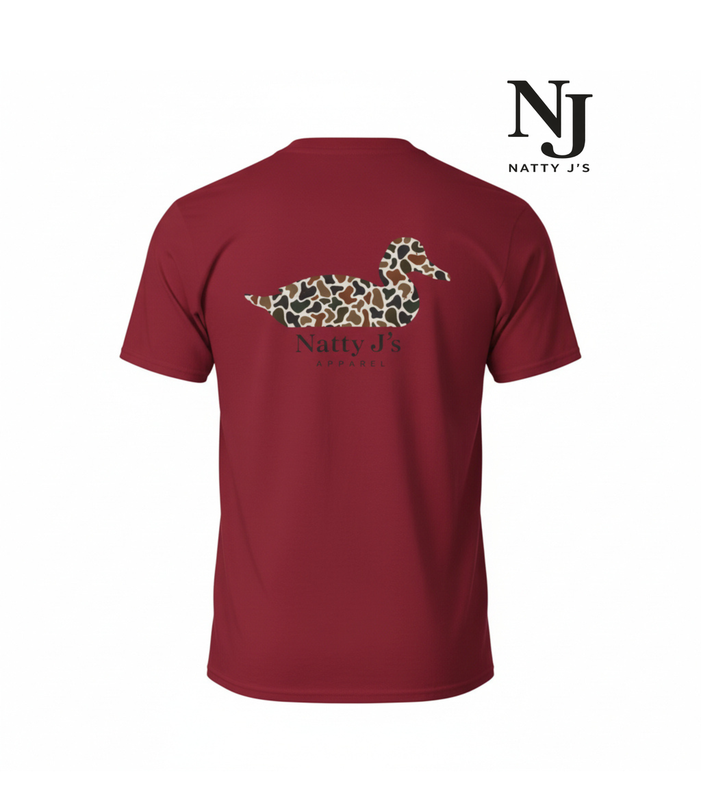 Red t-shirt with a logo and text on the back, featuring the brand 'Natty J's'.
