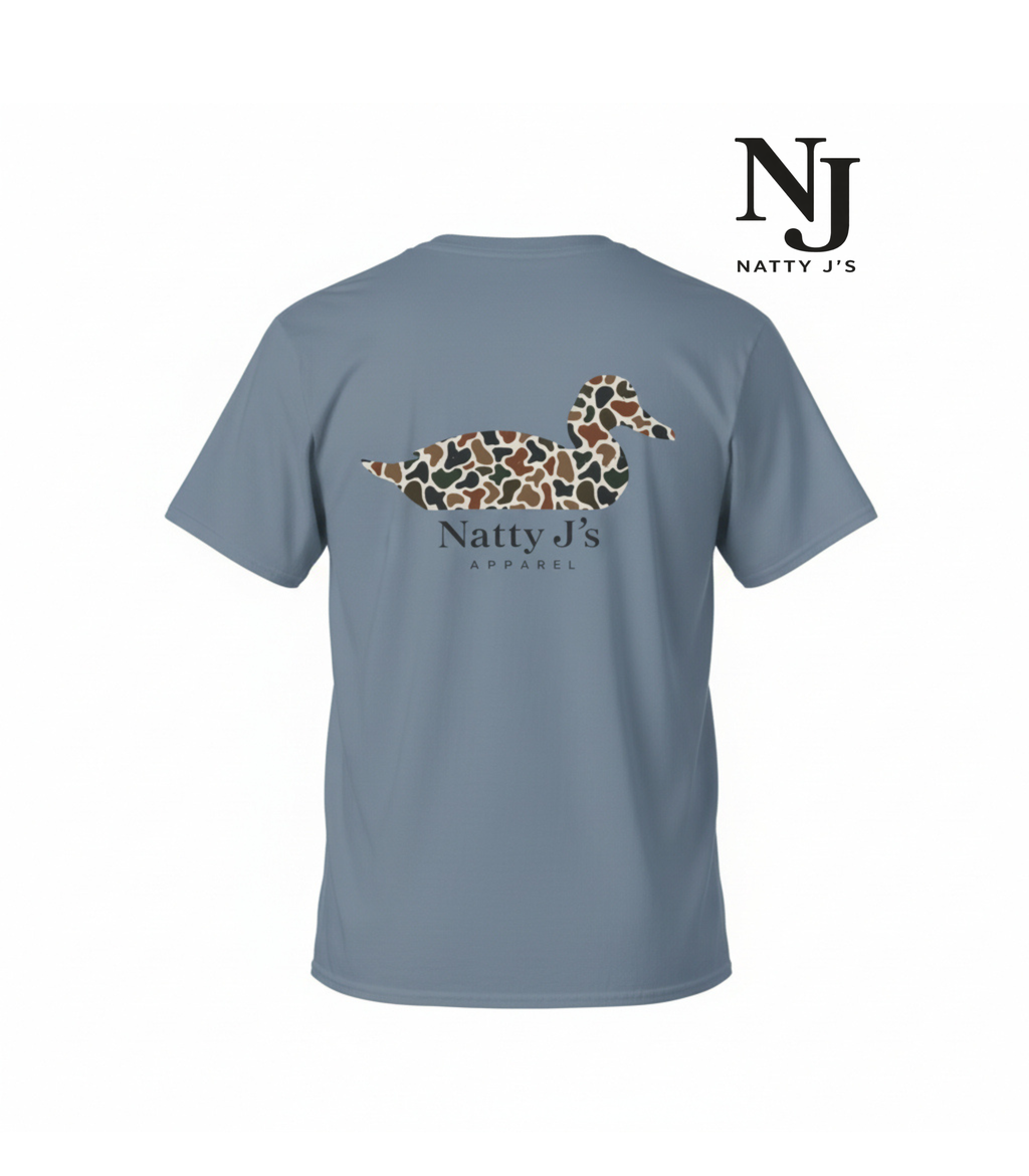 Gray t-shirt with a duck graphic and 'Natty J's' branding on a white background