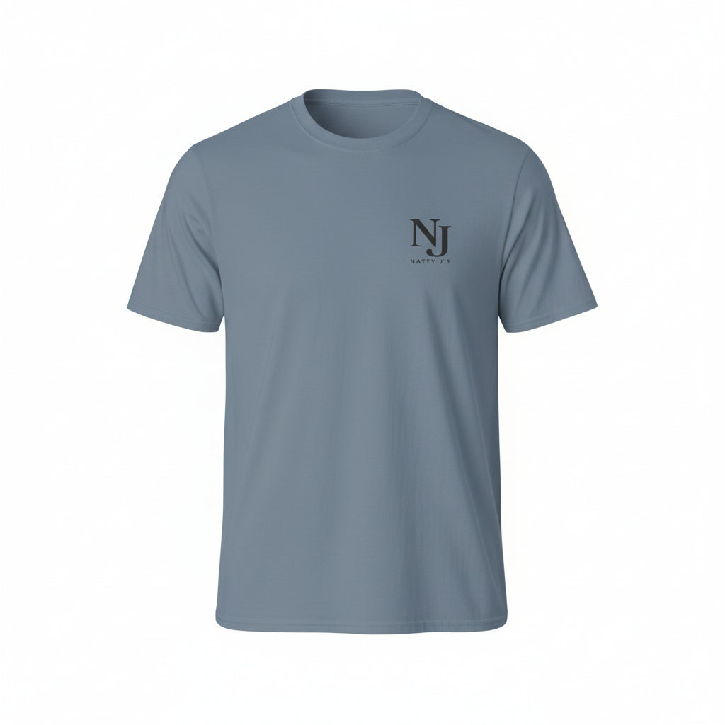 Blue t-shirt with NJ logo on a white background