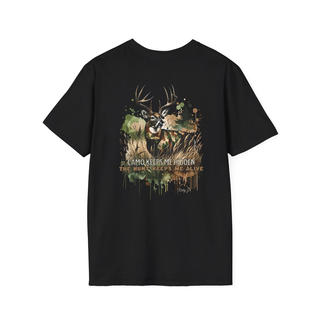 Black t-shirt with a deer graphic and text on a white background