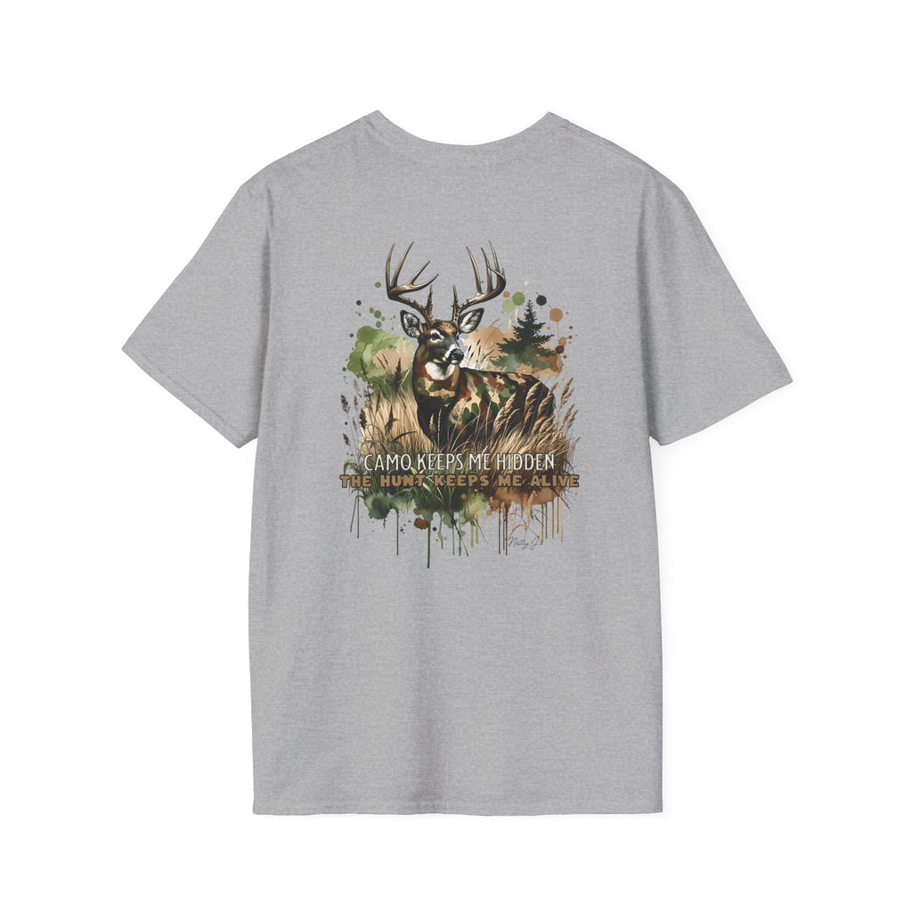 Gray t-shirt with a deer graphic and text on the back against a white background