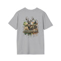 Gray t-shirt with a deer graphic and text on the back against a white background