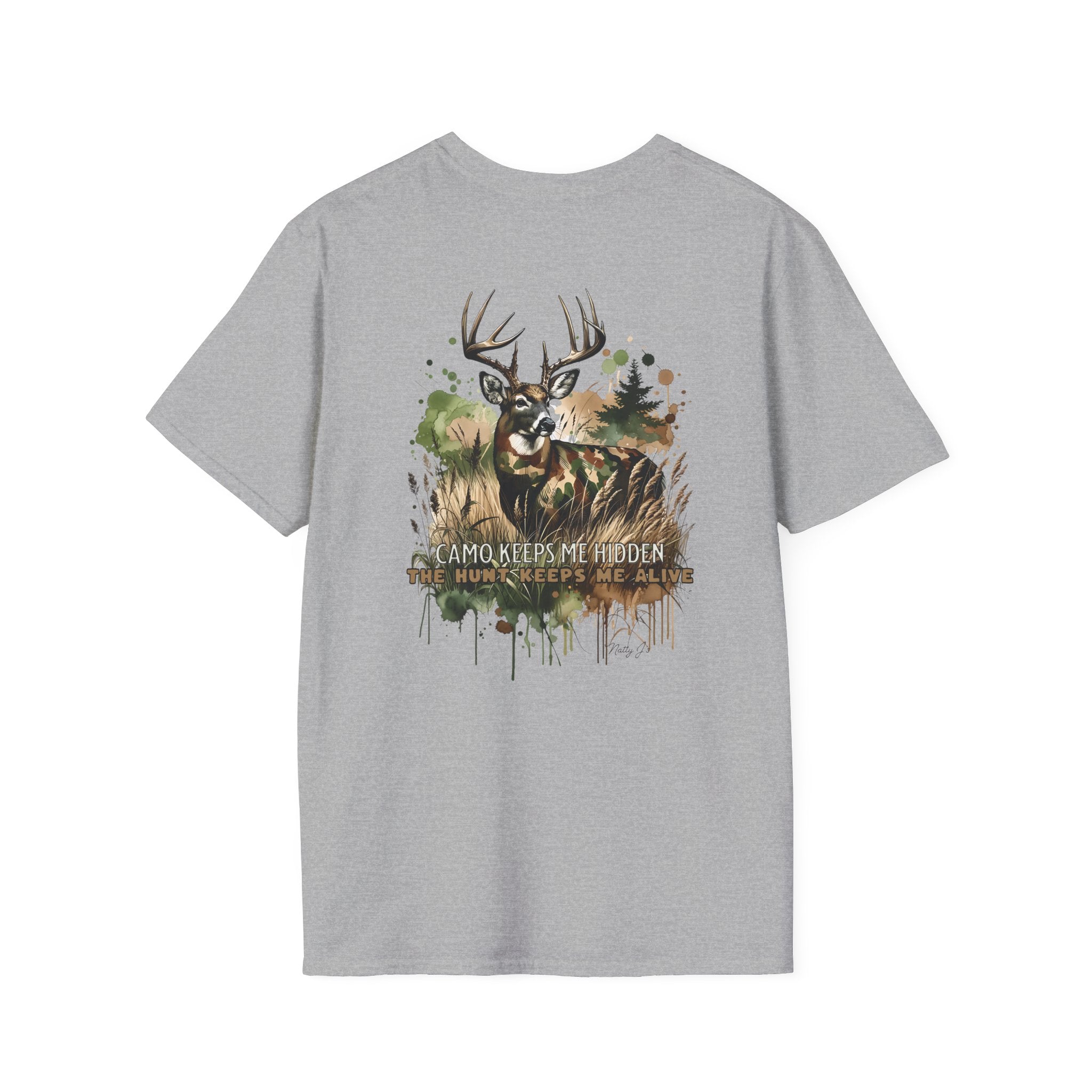 Gray t-shirt with a deer graphic and text on the back against a white background