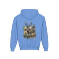 Blue hoodie with a deer graphic on the back against a white background