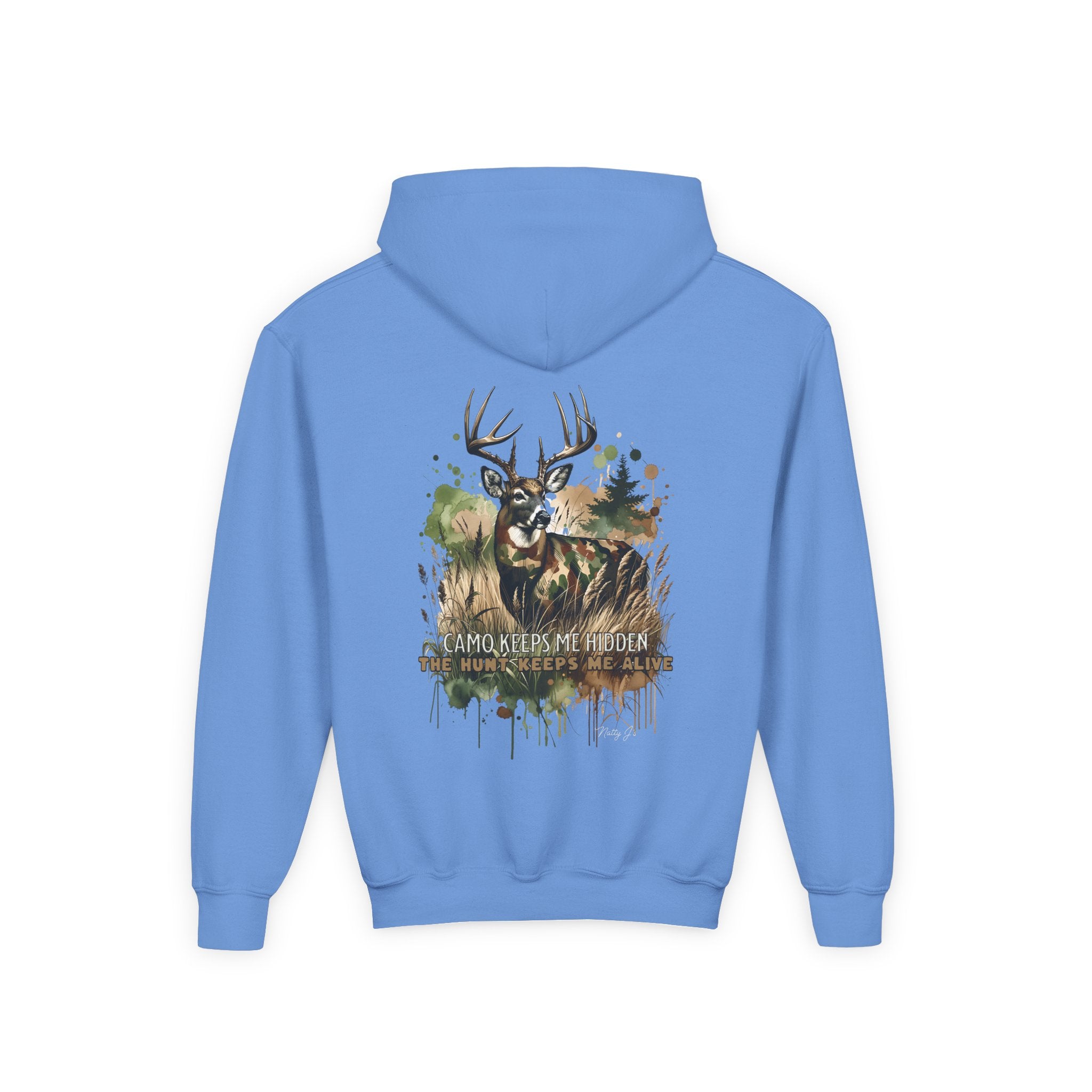 Blue hoodie with a deer graphic on the back against a white background
