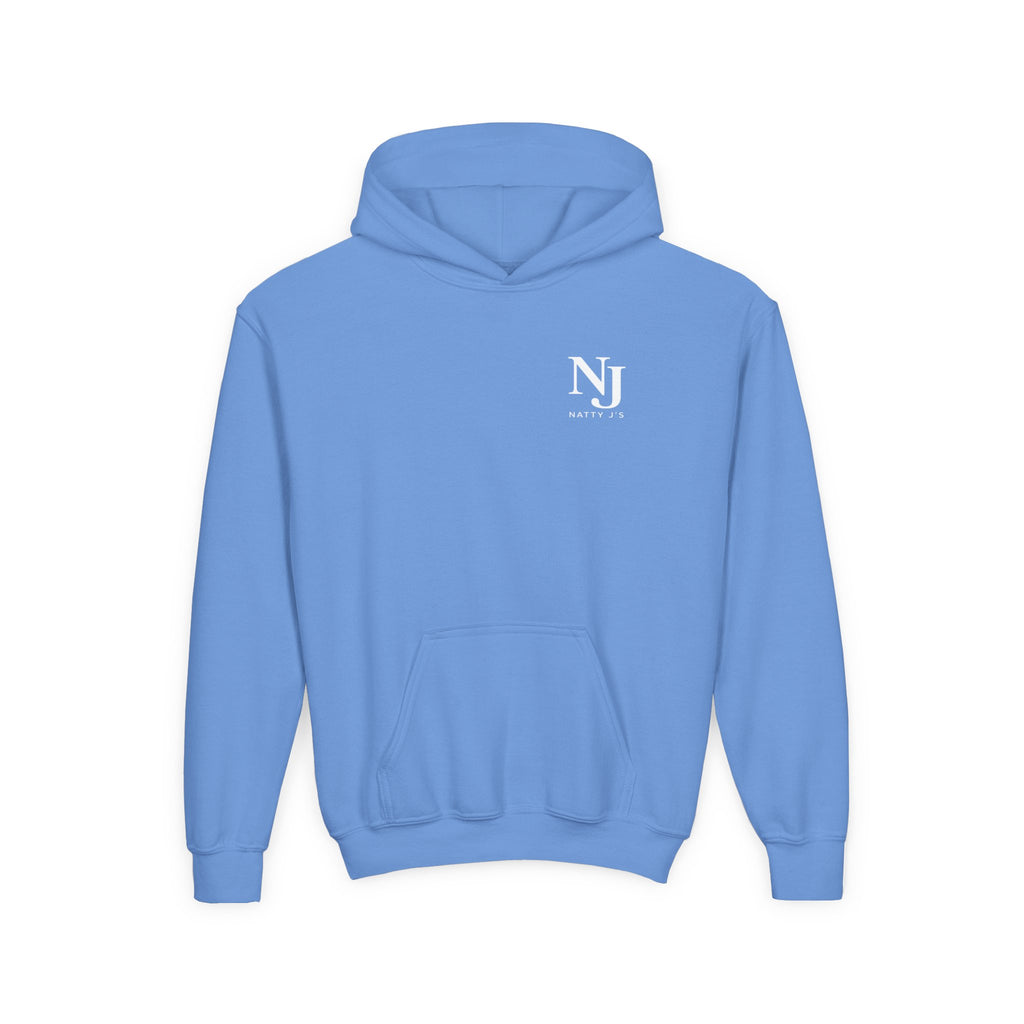 Light blue hoodie with a logo on the chest against a white background