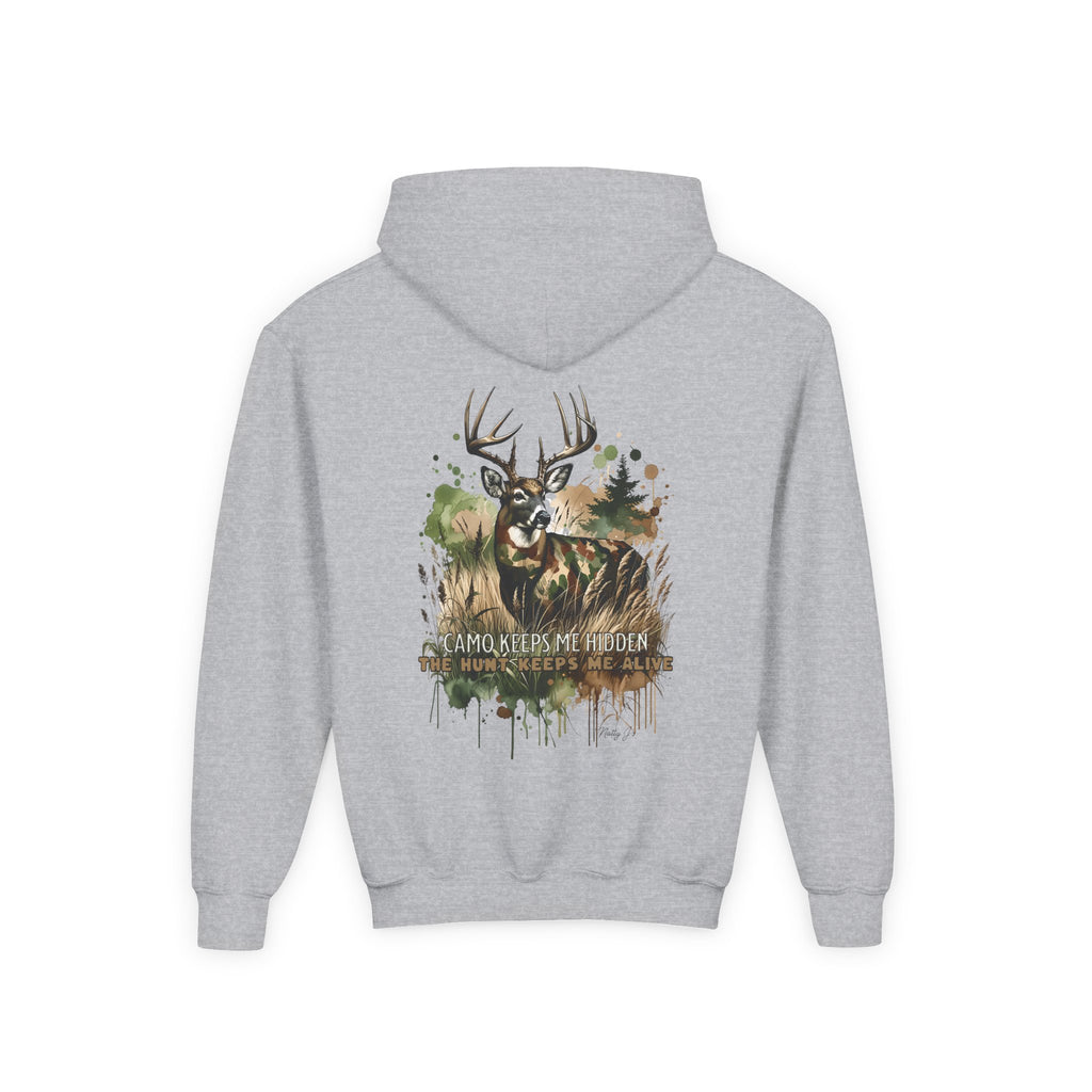 Gray hoodie with a deer graphic and text on the back against a white background