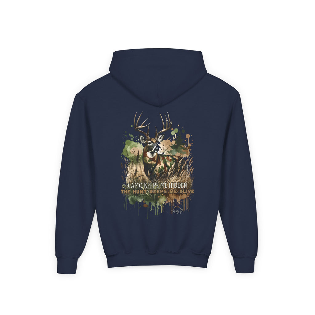 Navy blue hoodie with a deer graphic and text on the back against a white background
