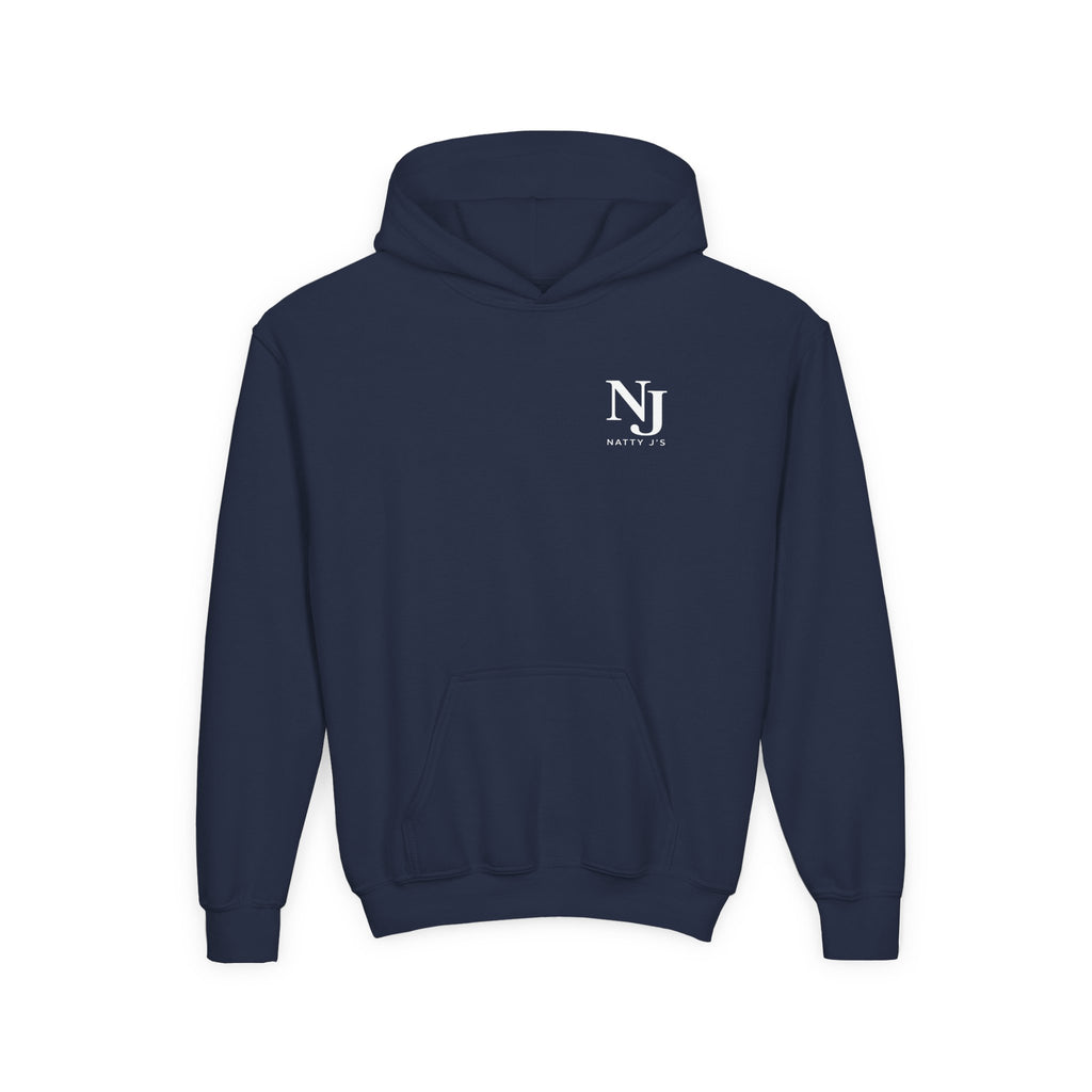 Navy hoodie with 'NJ' logo on the chest against a white background