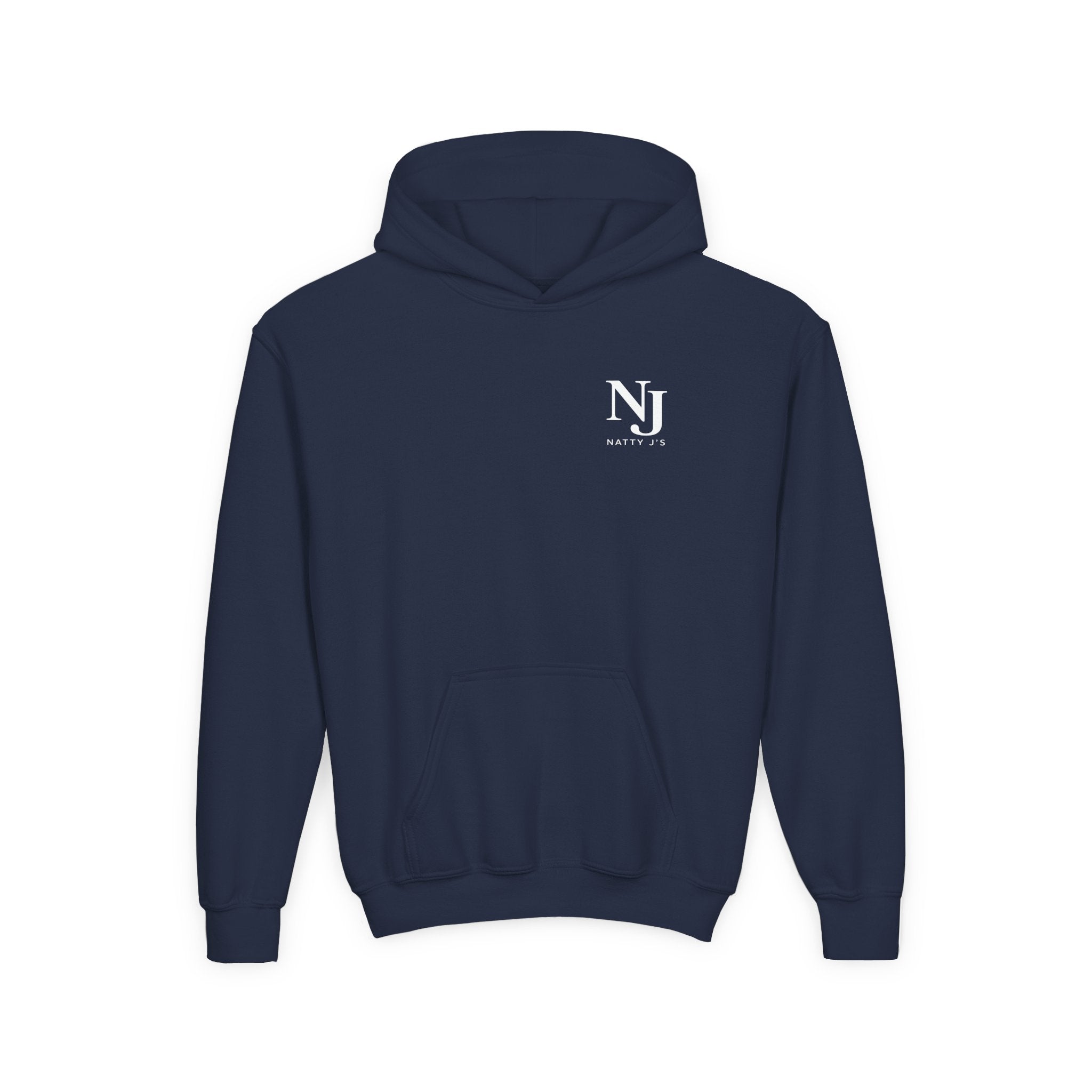 Navy hoodie with 'NJ' logo on the chest against a white background