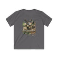 Gray t-shirt with a deer graphic and text on a white background