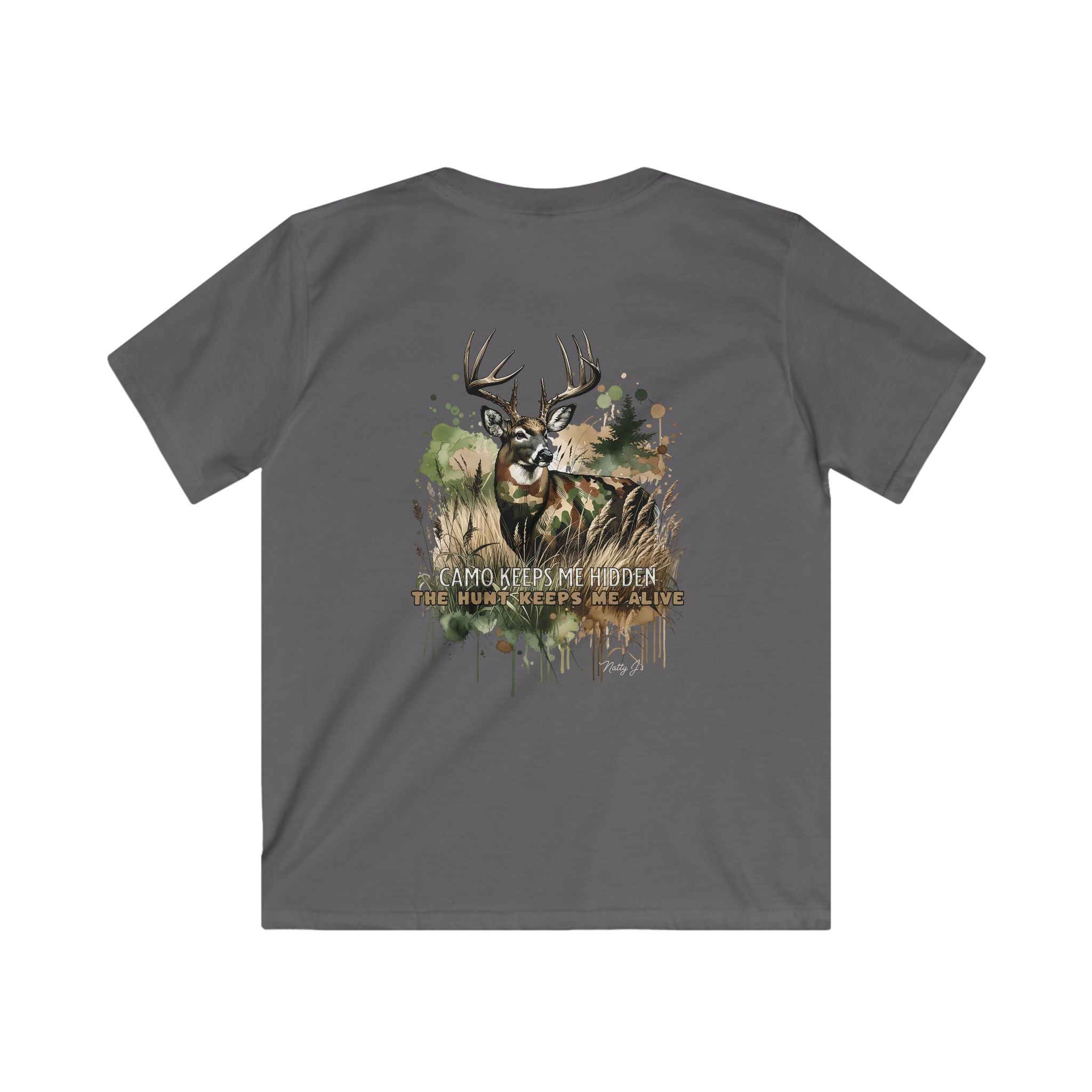 Gray t-shirt with a deer graphic and text on a white background