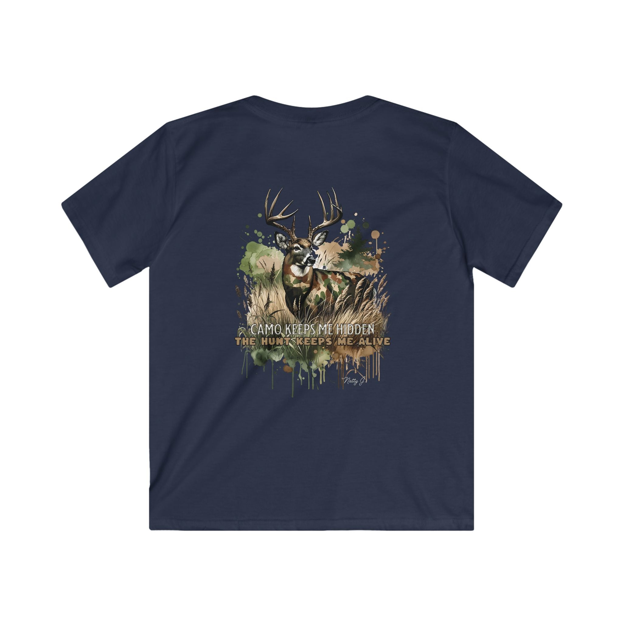 Navy blue t-shirt with a graphic of deer and text on the back, on a white background
