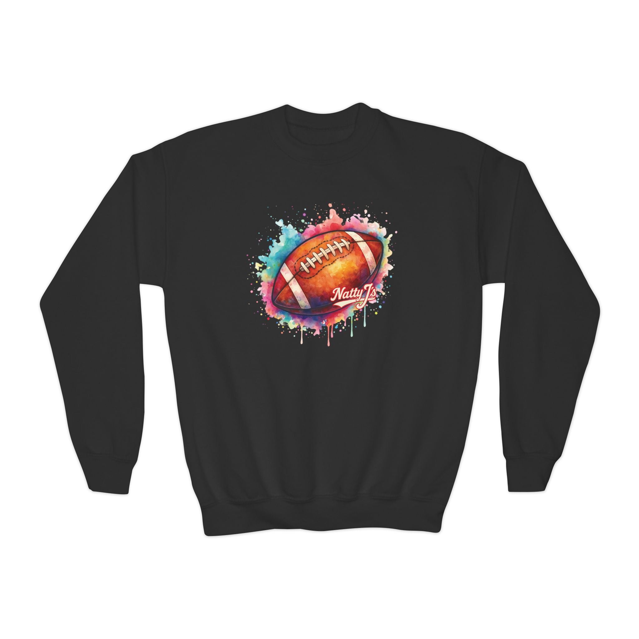 Black sweatshirt with a colorful heart and football design on a white background