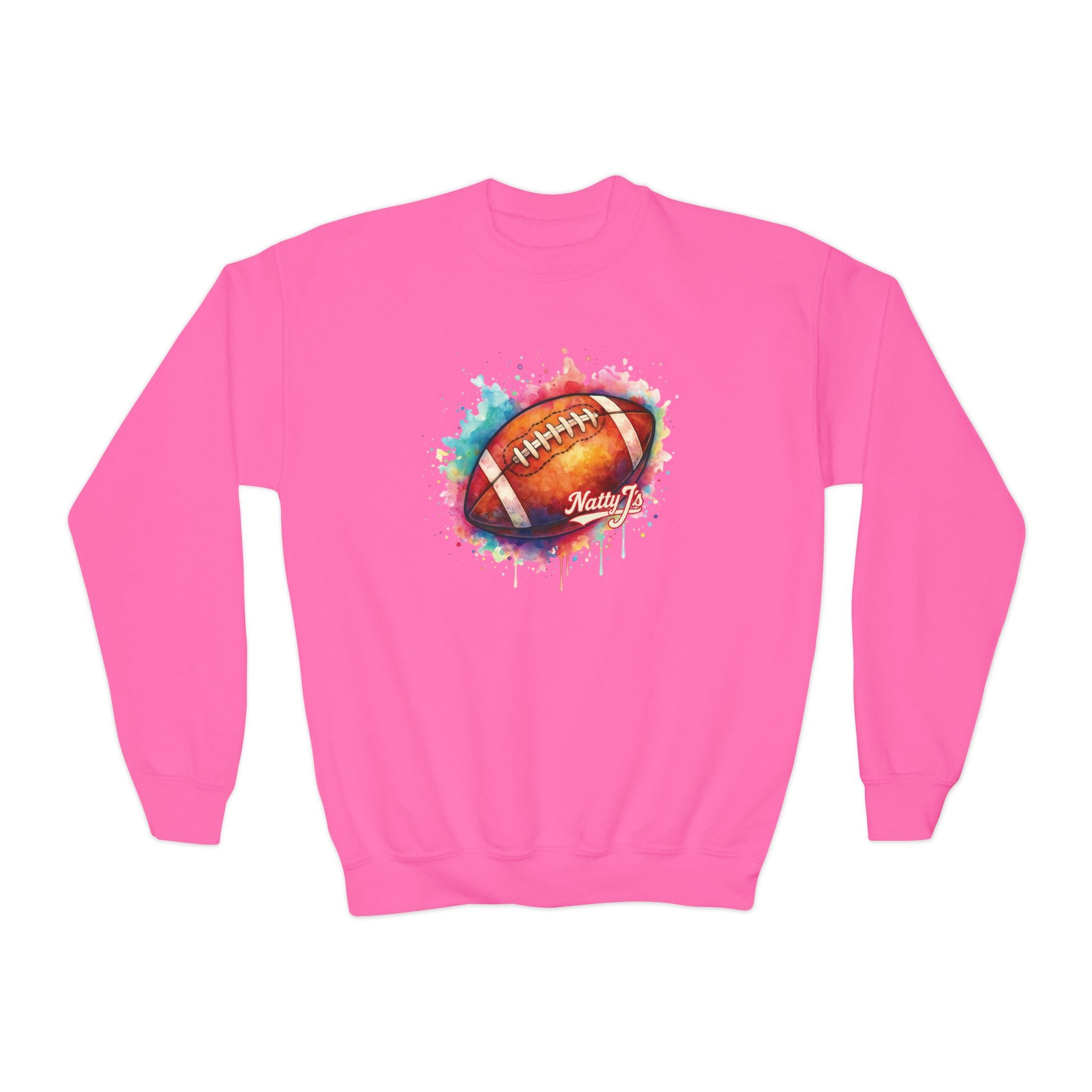 Pink sweatshirt with a colorful football graphic on a white background