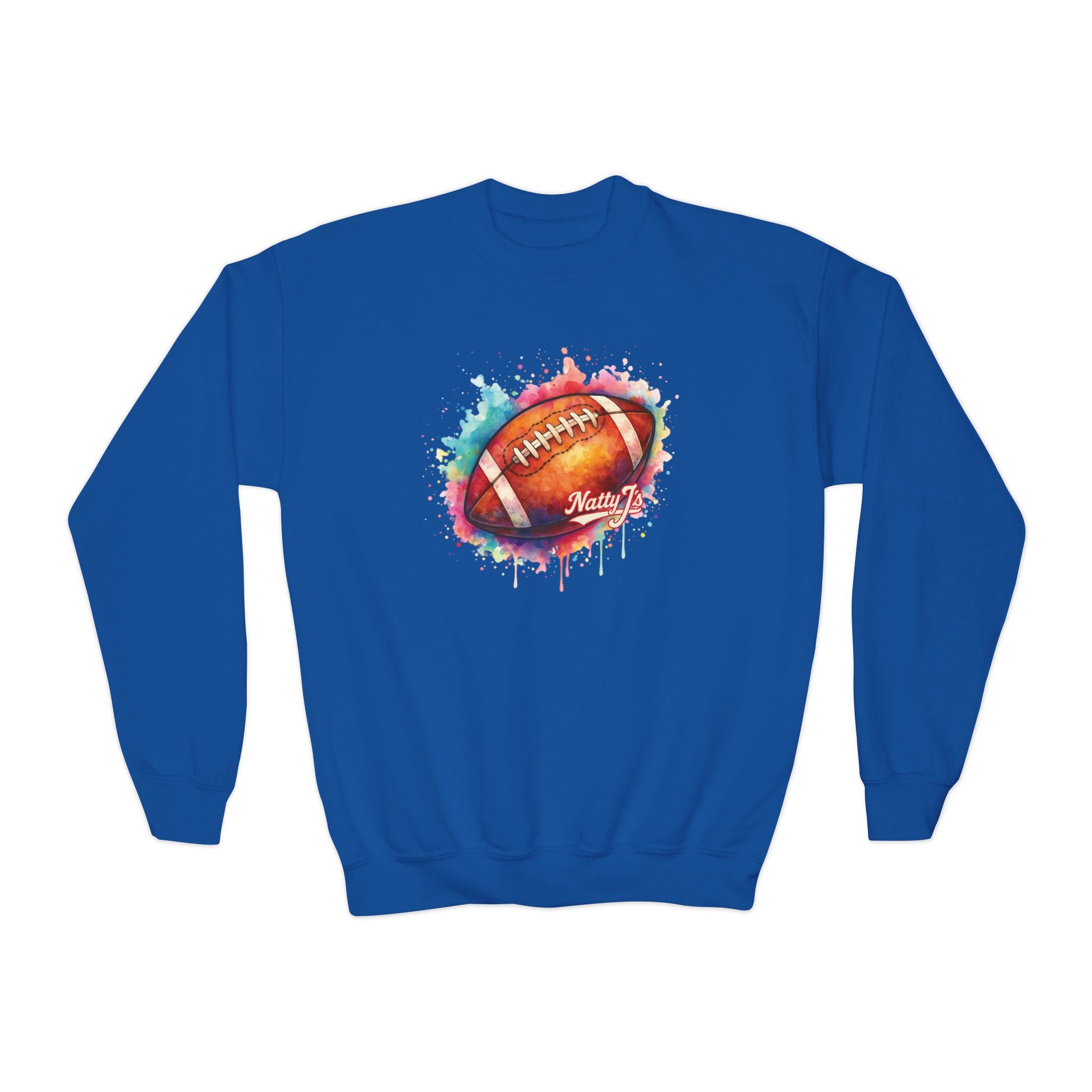 Blue sweatshirt with a colorful football graphic on a white background