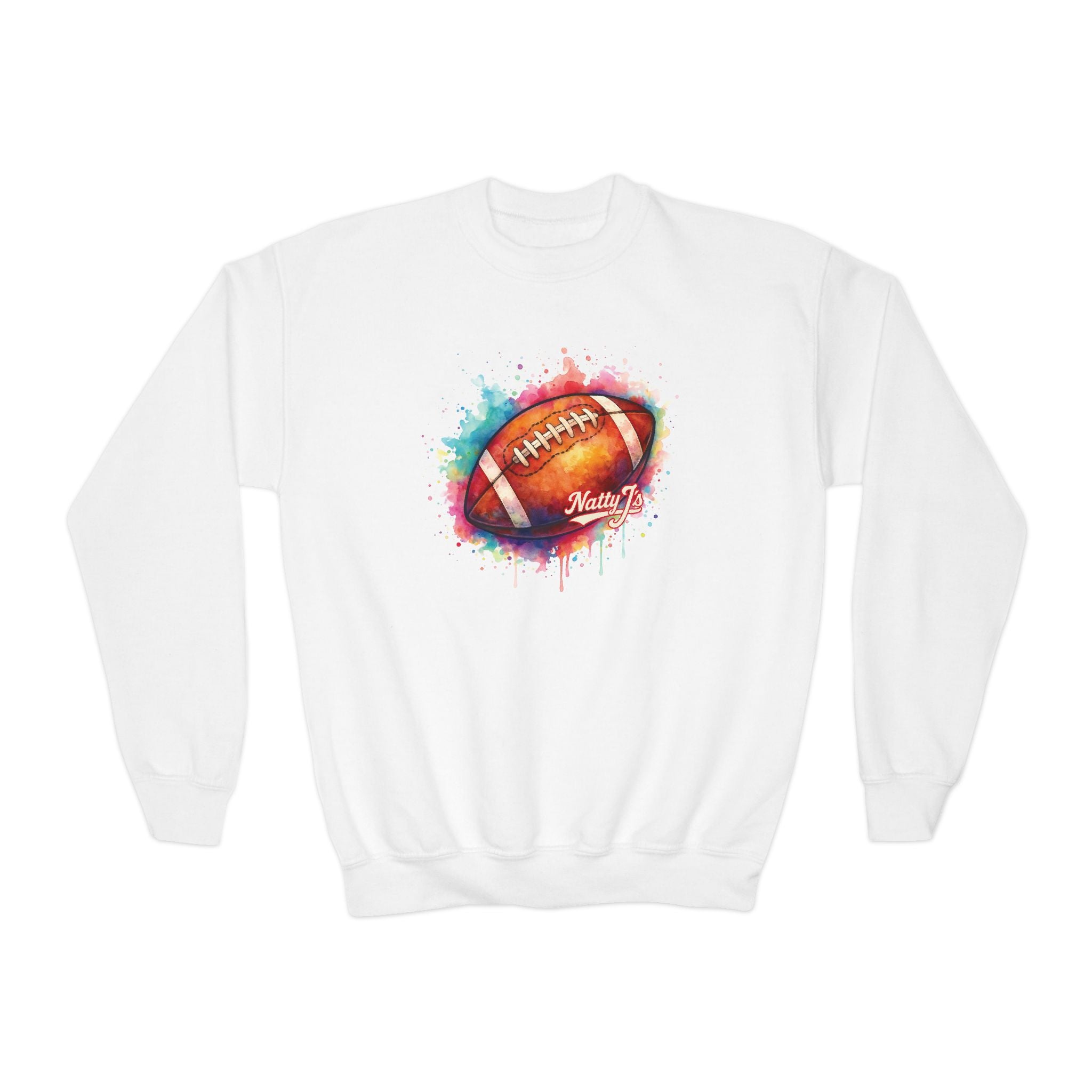 White sweatshirt with a colorful football graphic on a white background