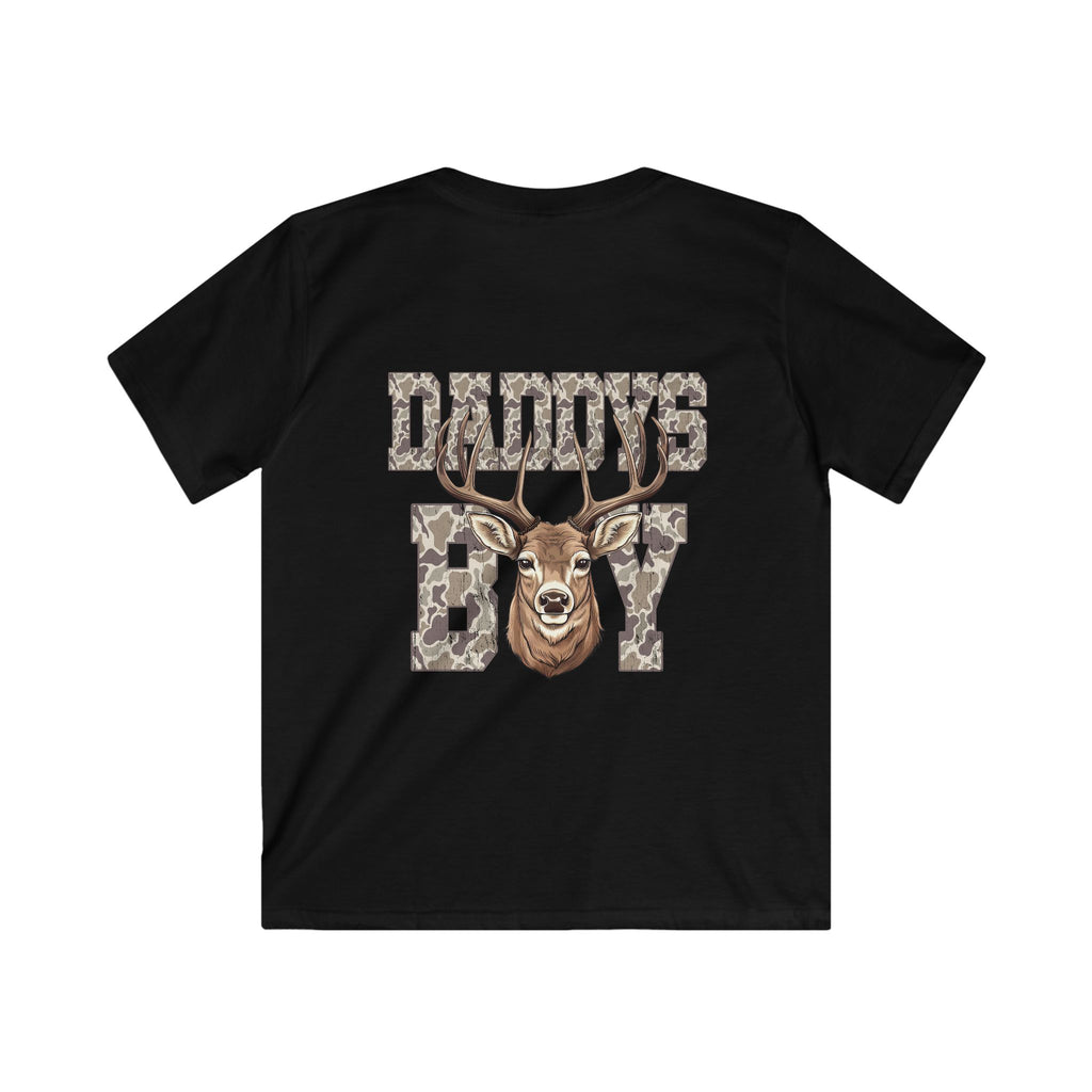 Navy blue t-shirt with a deer graphic and 'DADDYS BOY' text on a white background