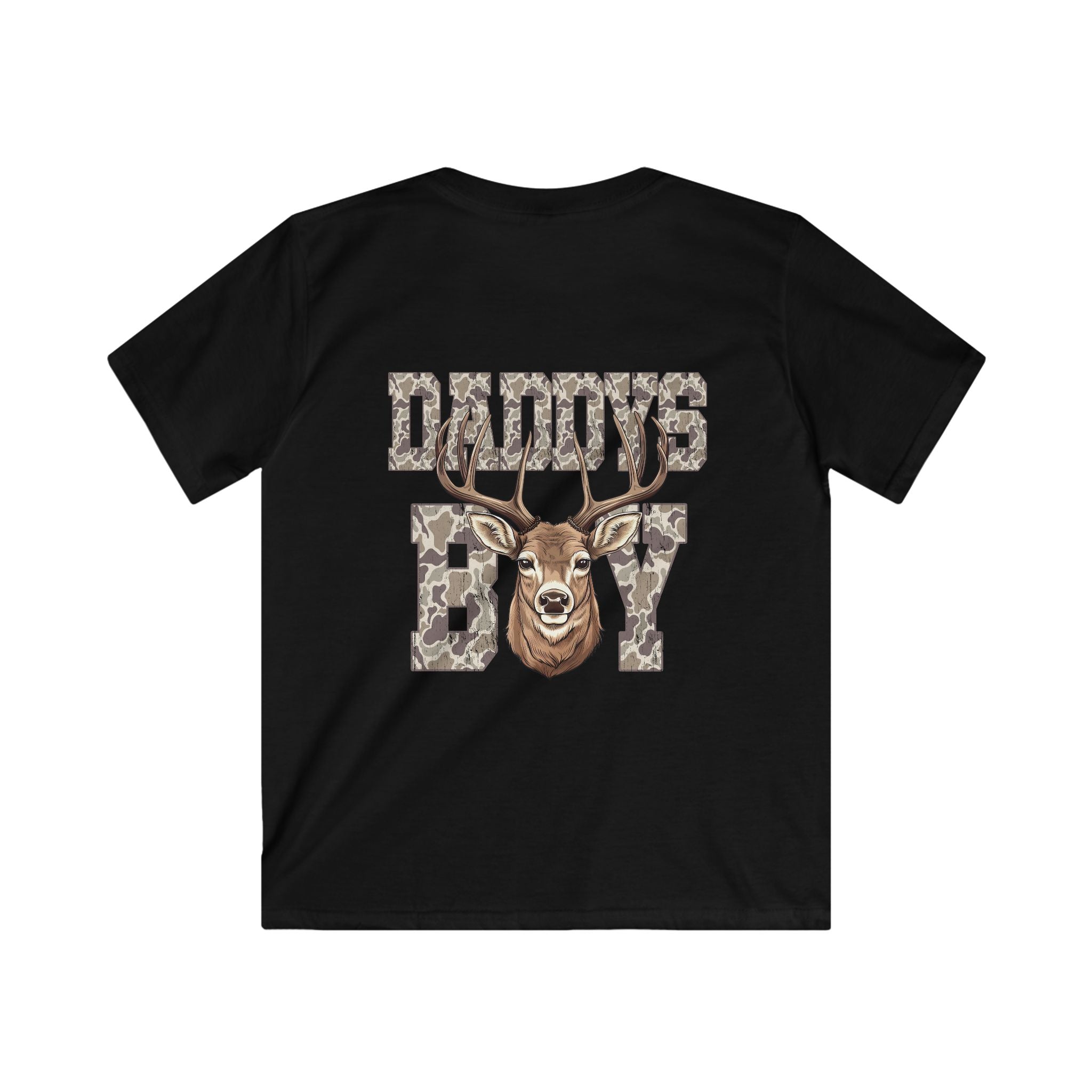 Navy blue t-shirt with a deer graphic and 'DADDYS BOY' text on a white background