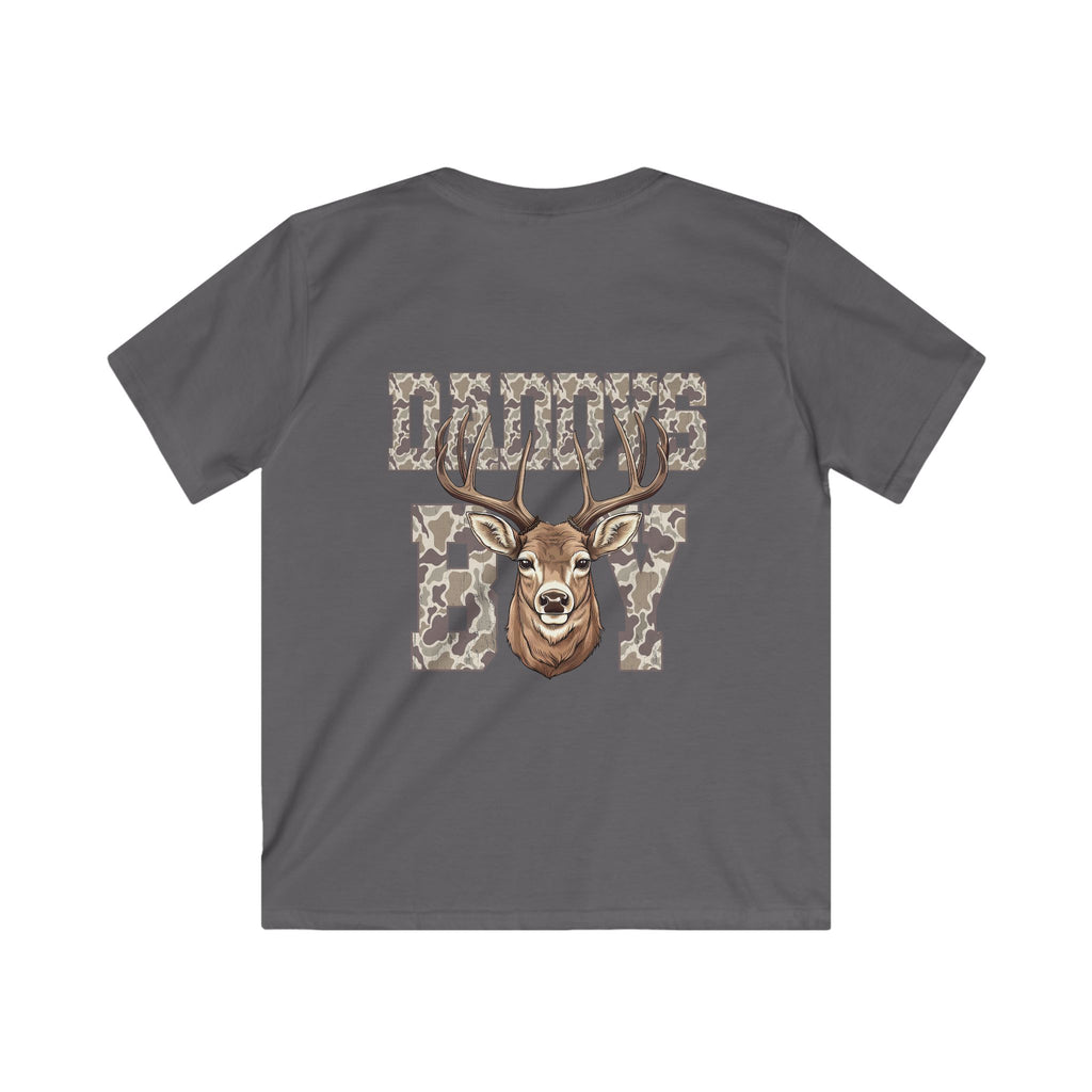Gray t-shirt with a deer graphic and 'Daddy's Boy' text on a white background