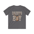 Gray t-shirt with a deer graphic and 'Daddy's Boy' text on a white background
