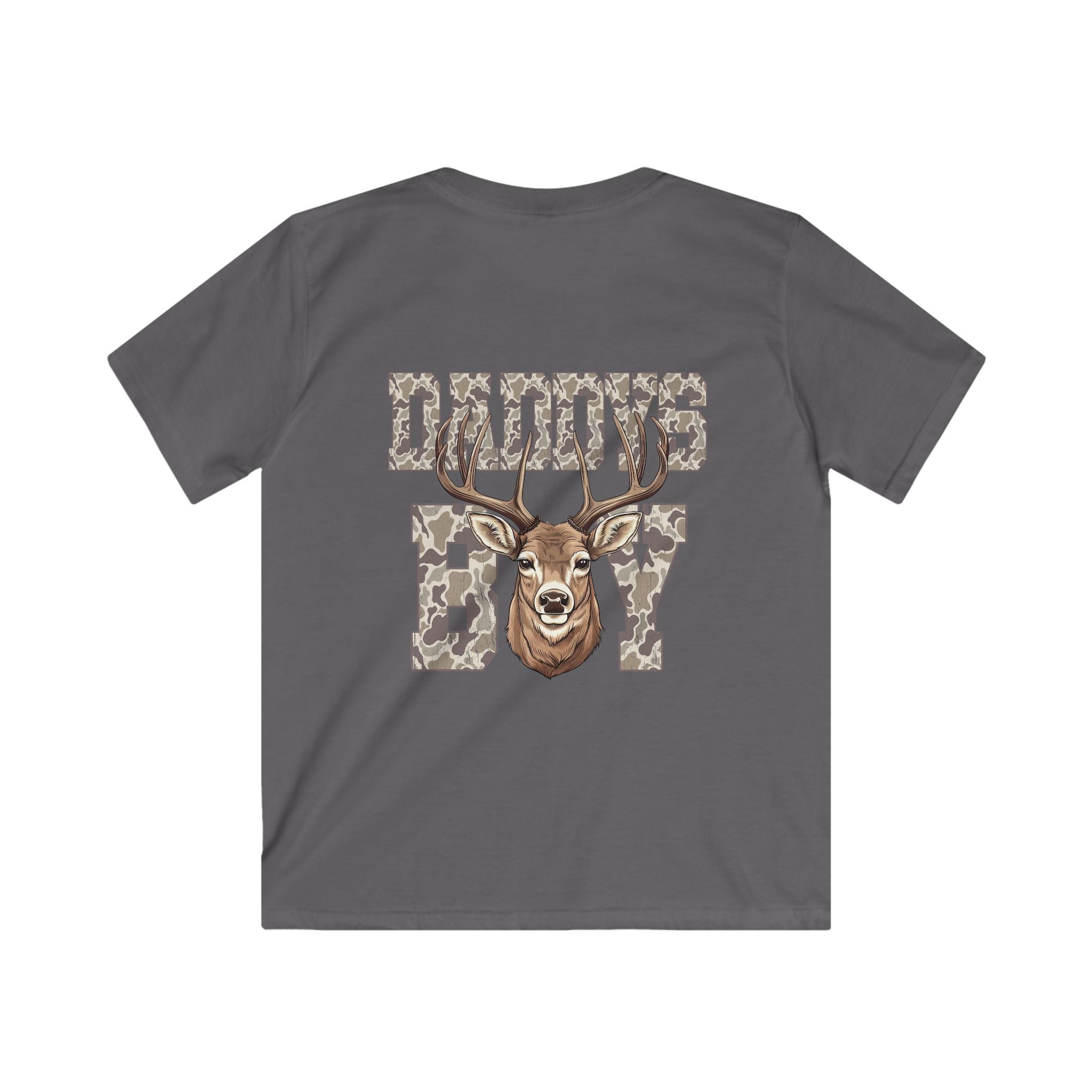 Gray t-shirt with a deer graphic and 'Daddy's Boy' text on a white background