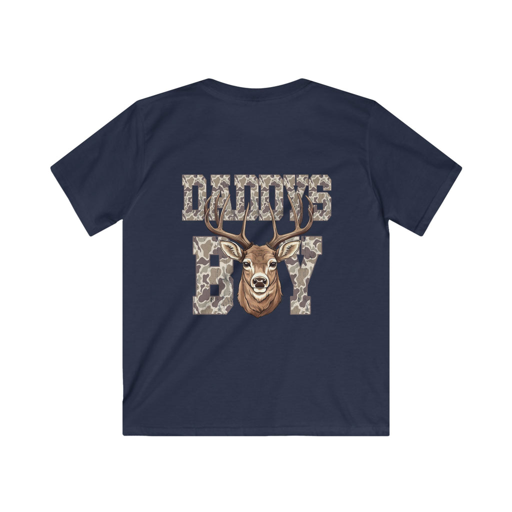 Navy blue t-shirt with a deer graphic and 'DADDYS BOY' text on a white background