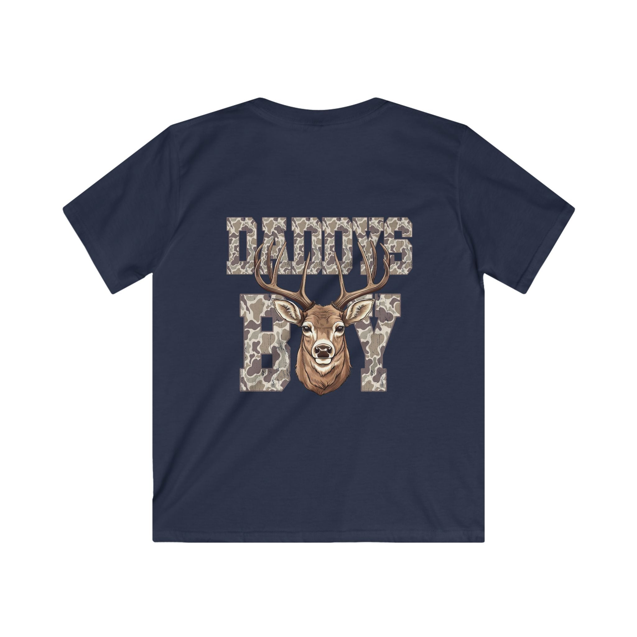Navy blue t-shirt with a deer graphic and 'DADDYS BOY' text on a white background