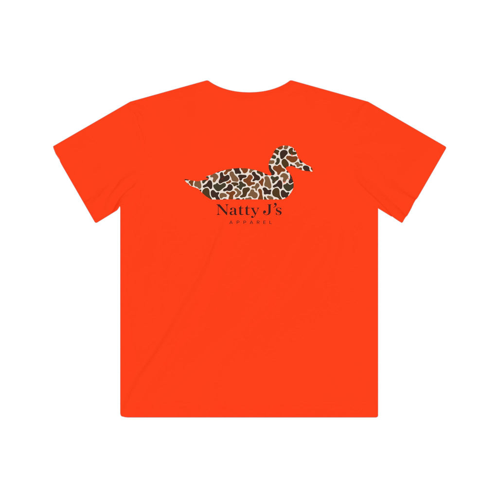 youth orange t shirt with camo duck silhouette graphic for hunting kids
kids camo duck shirt with outdoor hunting design
youth hunting shirt with duck silhouette and camouflage pattern
bright orange kids shirt with camo duck graphic for outdoors
southern style youth t shirt with duck hunting design featuring NattyJ's Apparel