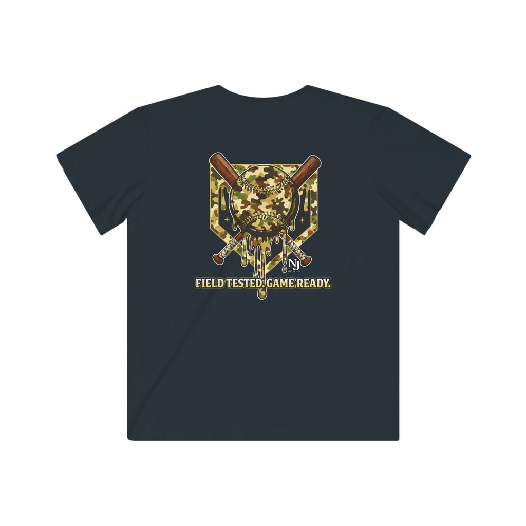 Black t-shirt with a camouflage graphic and text on a white background