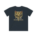 Black t-shirt with a camouflage graphic and text on a white background