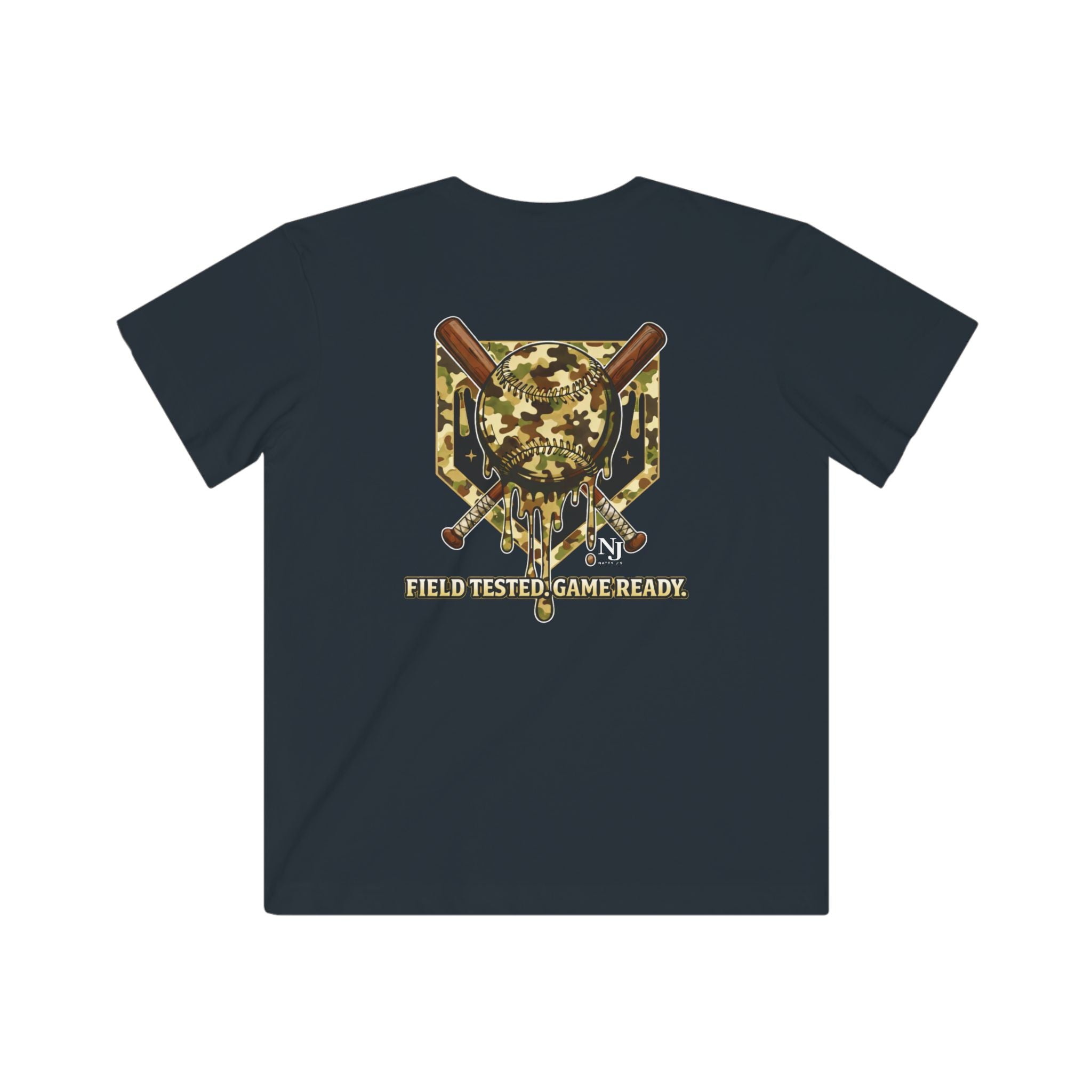 Black t-shirt with a camouflage graphic and text on a white background