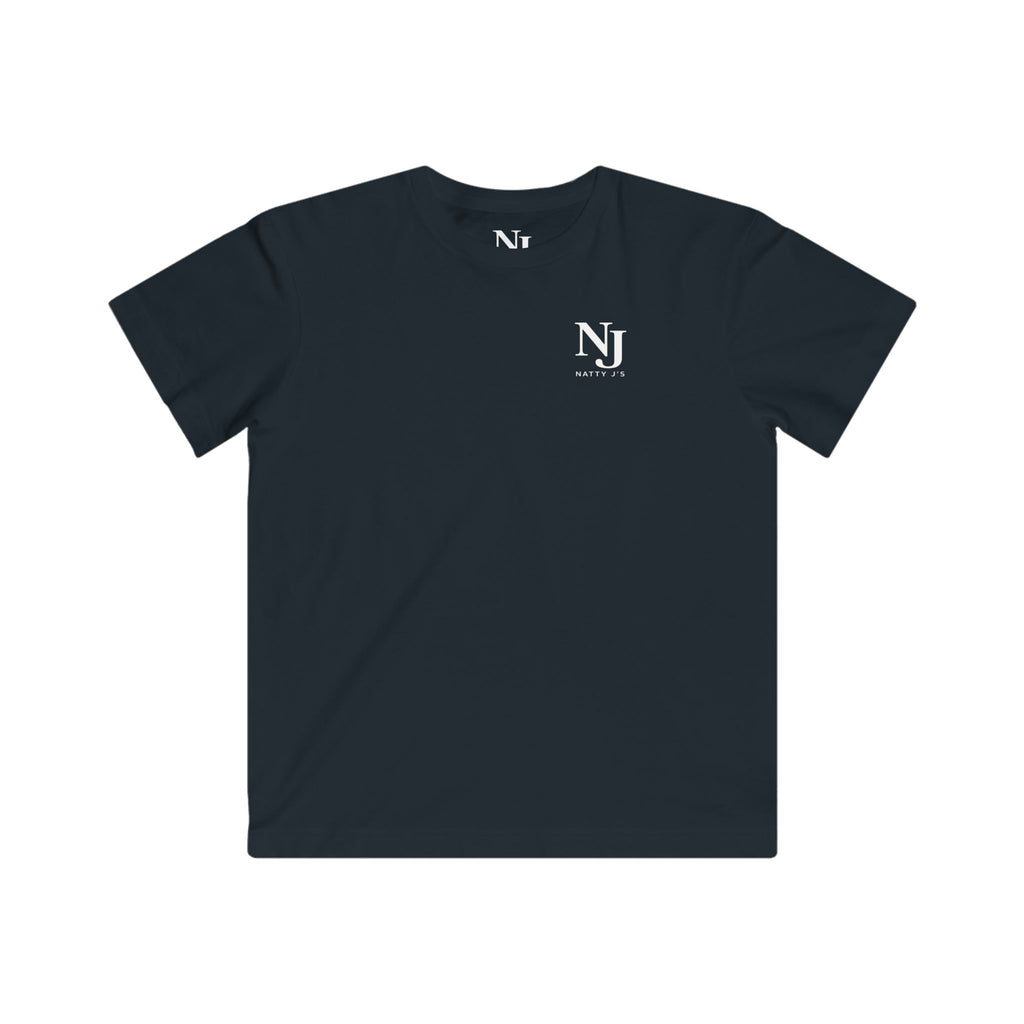 Black t-shirt with a logo on the chest against a white background