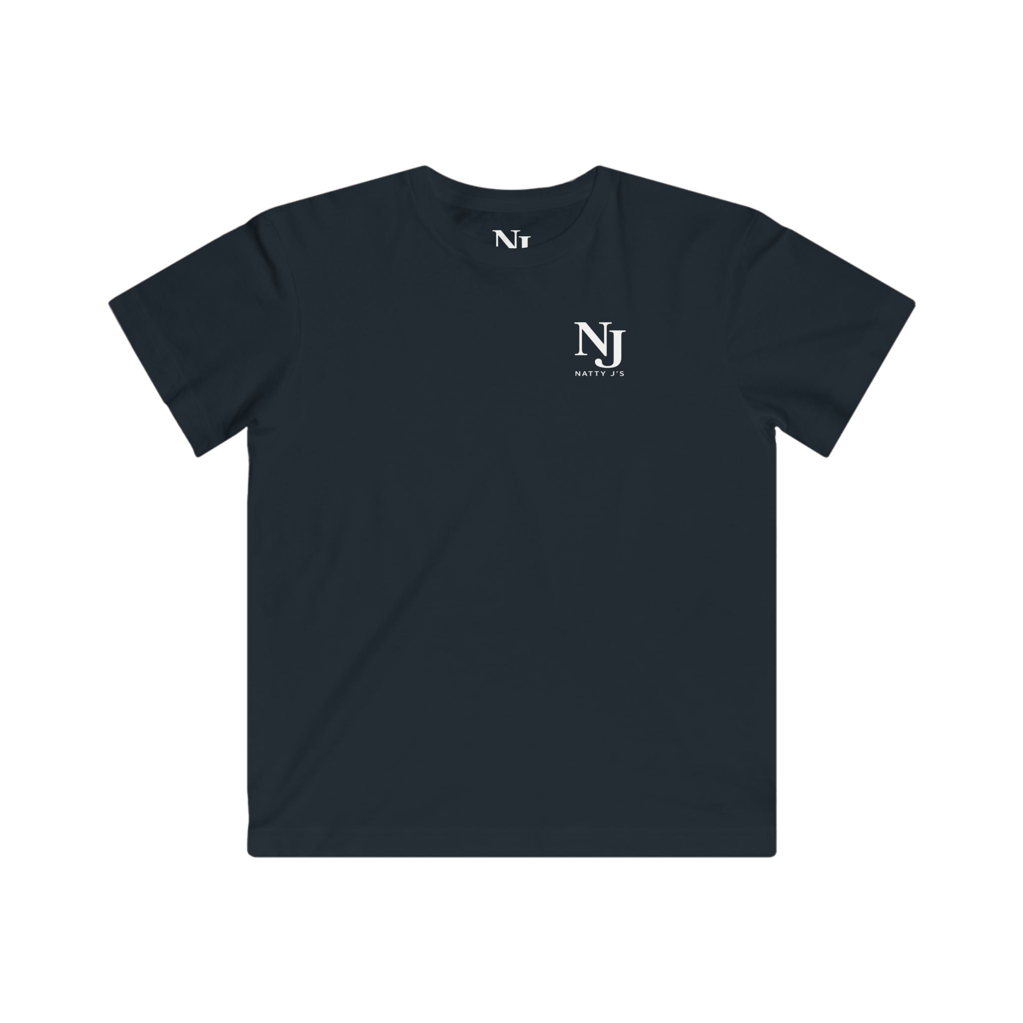 Black t-shirt with a logo on the chest against a white background