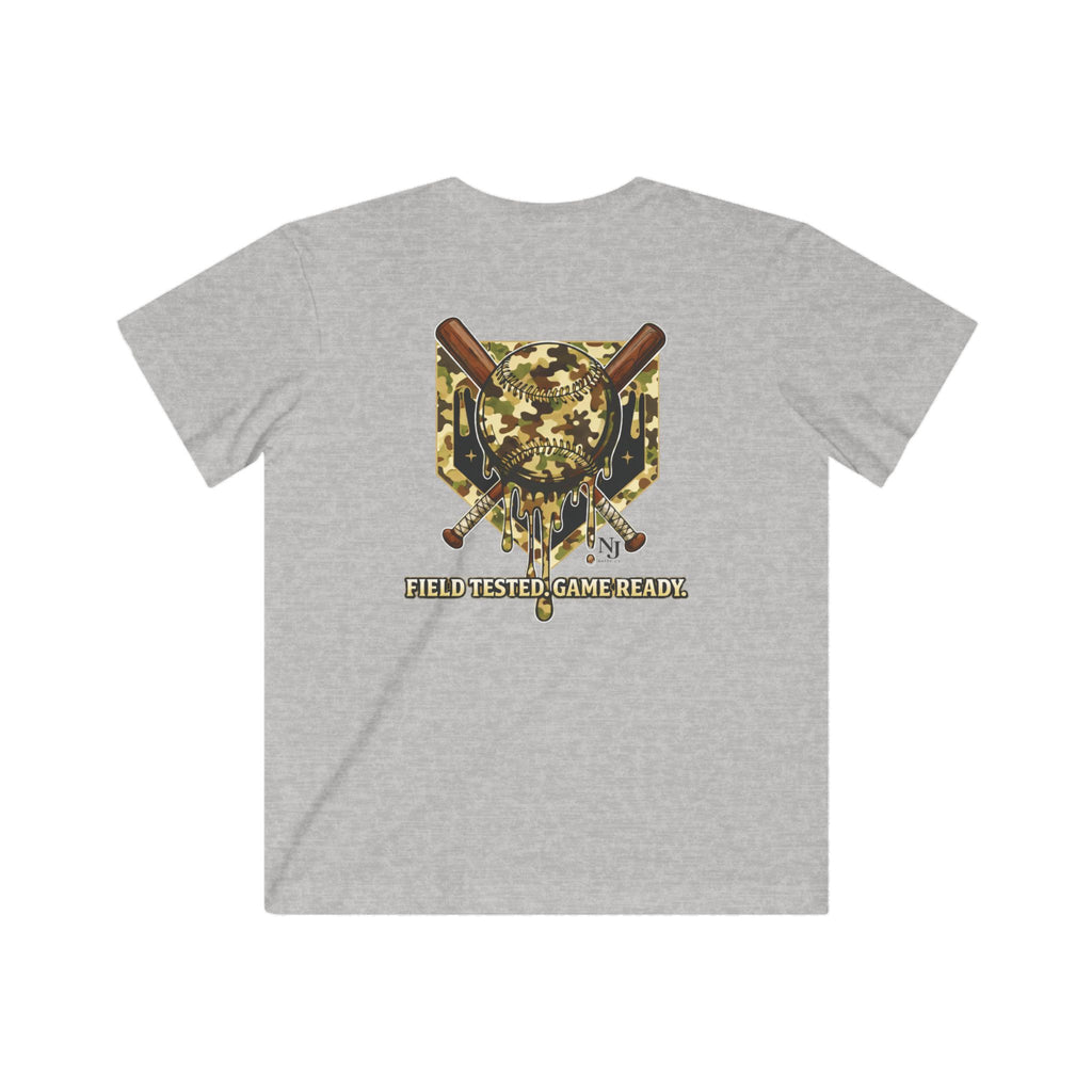 Gray t-shirt with a graphic design on the back featuring camouflage and hunting elements.