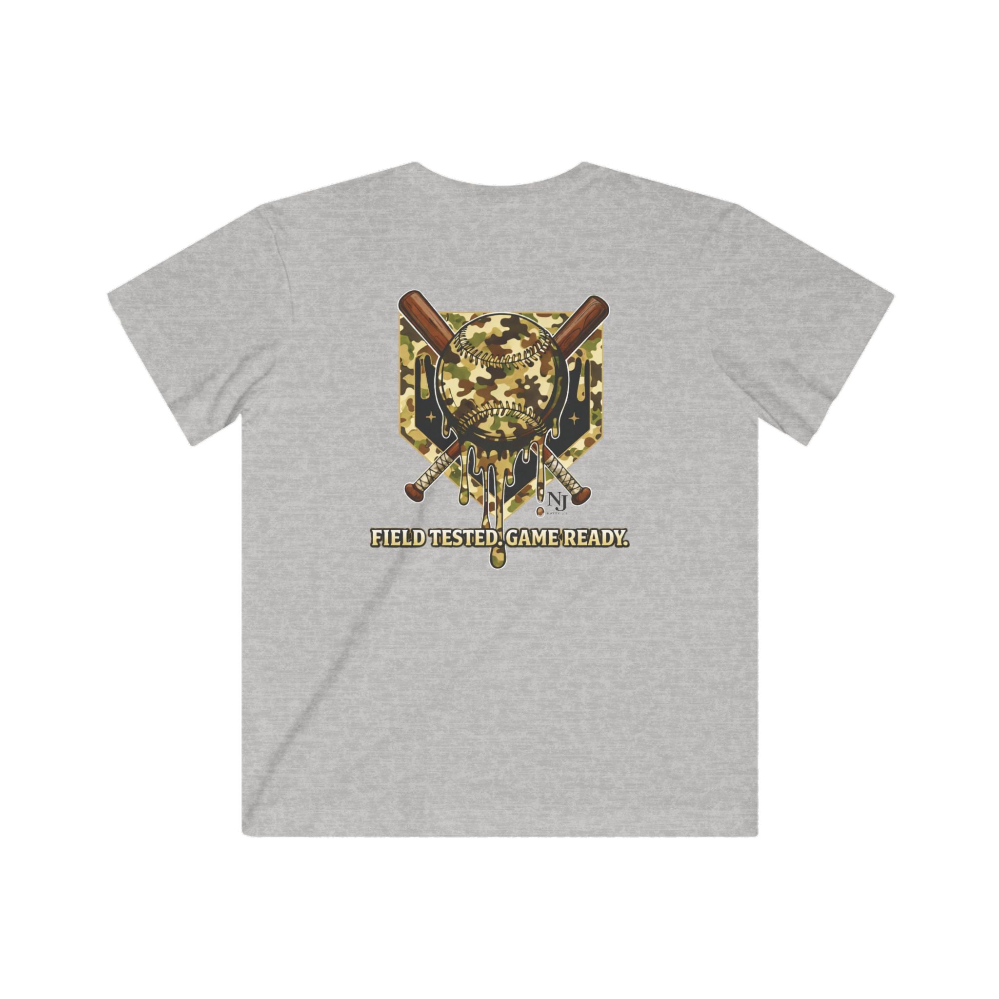Gray t-shirt with a graphic design on the back featuring camouflage and hunting elements.